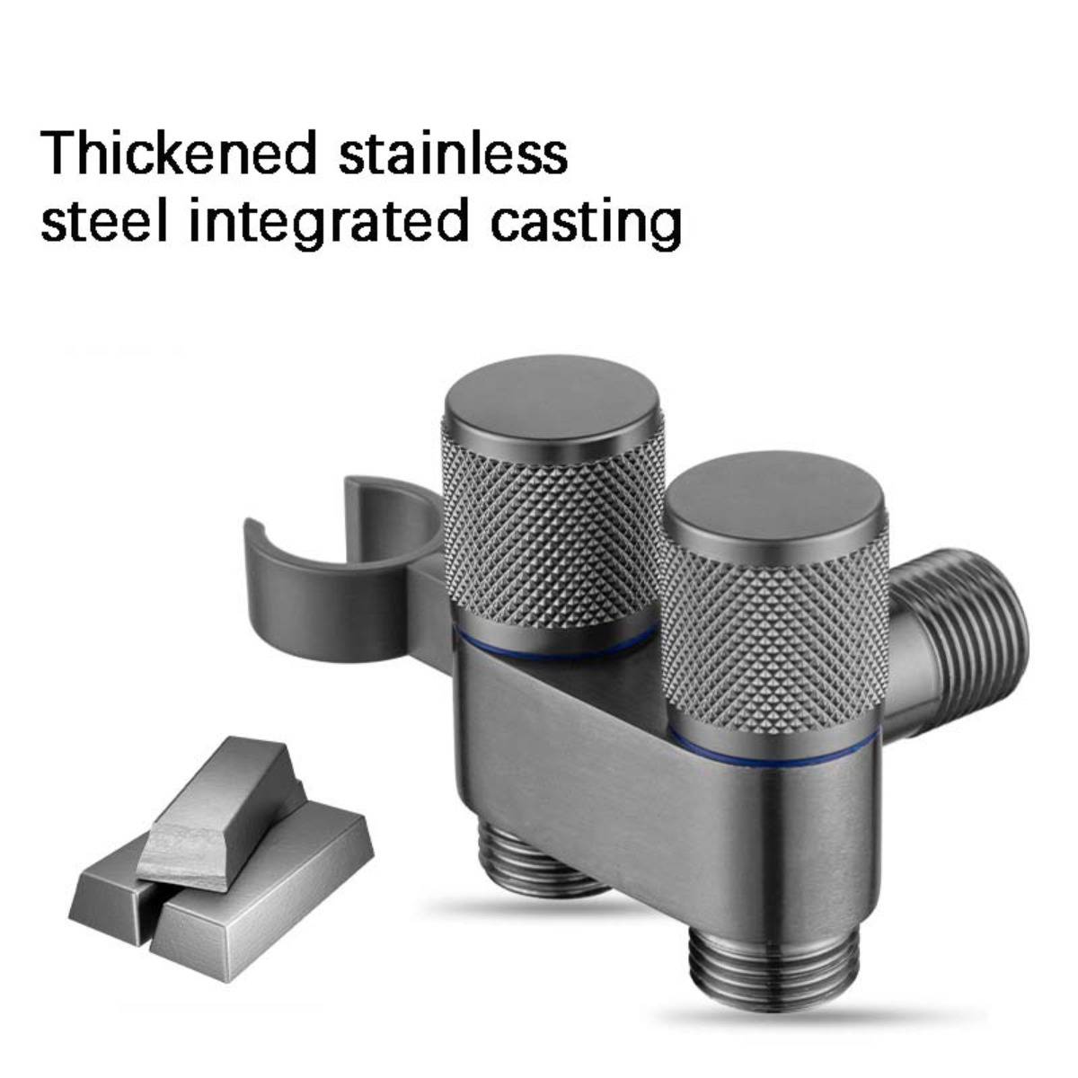 Edelstahlintegraldruckguss-Rohrklemme mit zwei gerillten Zylindern, Gewinde an den Enden und einer kleinen Metalleinlage; gekennzeichnet als „Verdickter Edelstahl-Integraldruckguss