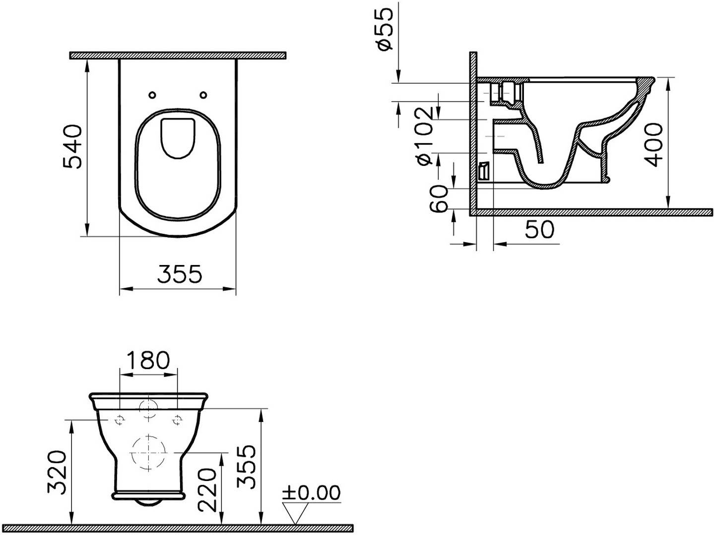 VitrA Wand-Tiefspül-WC Valarte Flush 2.0 ohne Spülrand 3/6 Liter Spülvolumen weiß