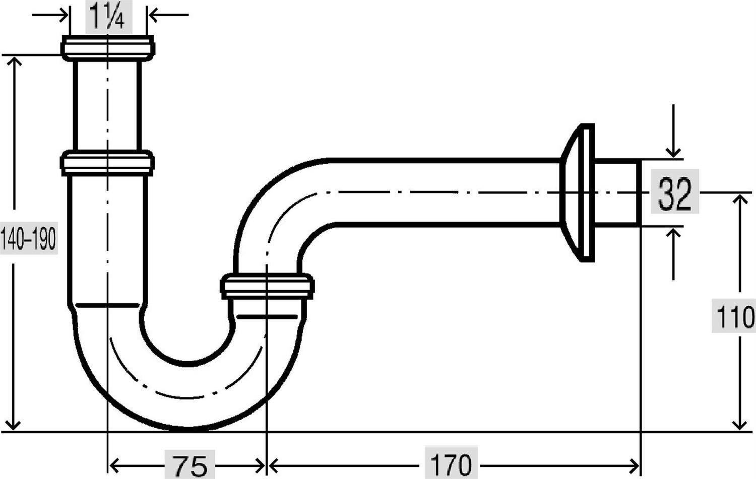 Technische Zeichnung eines Abflussrohrs mit P-Siphon und beschrifteten Abmessungen 1¼, 75, 170, 32, 110 und 140-190.