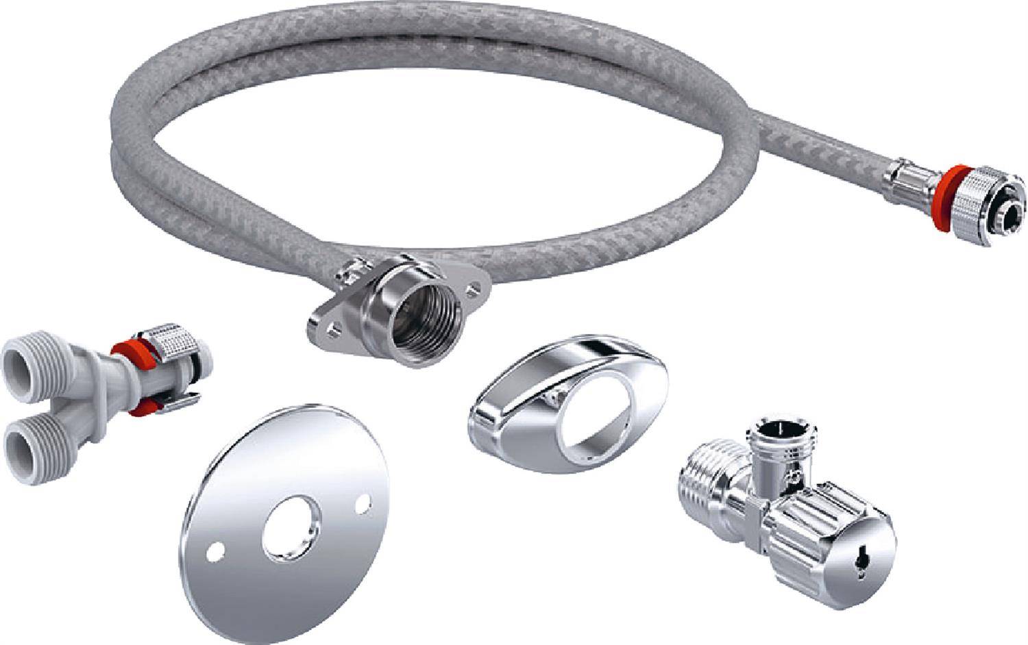 Geflochtenes Schlauchset mit Metallanschlüssen und Adaptern, gezeigt mit einer runden Montageplatte und verchromten Ventilkomponenten auf weißem Hintergrund.