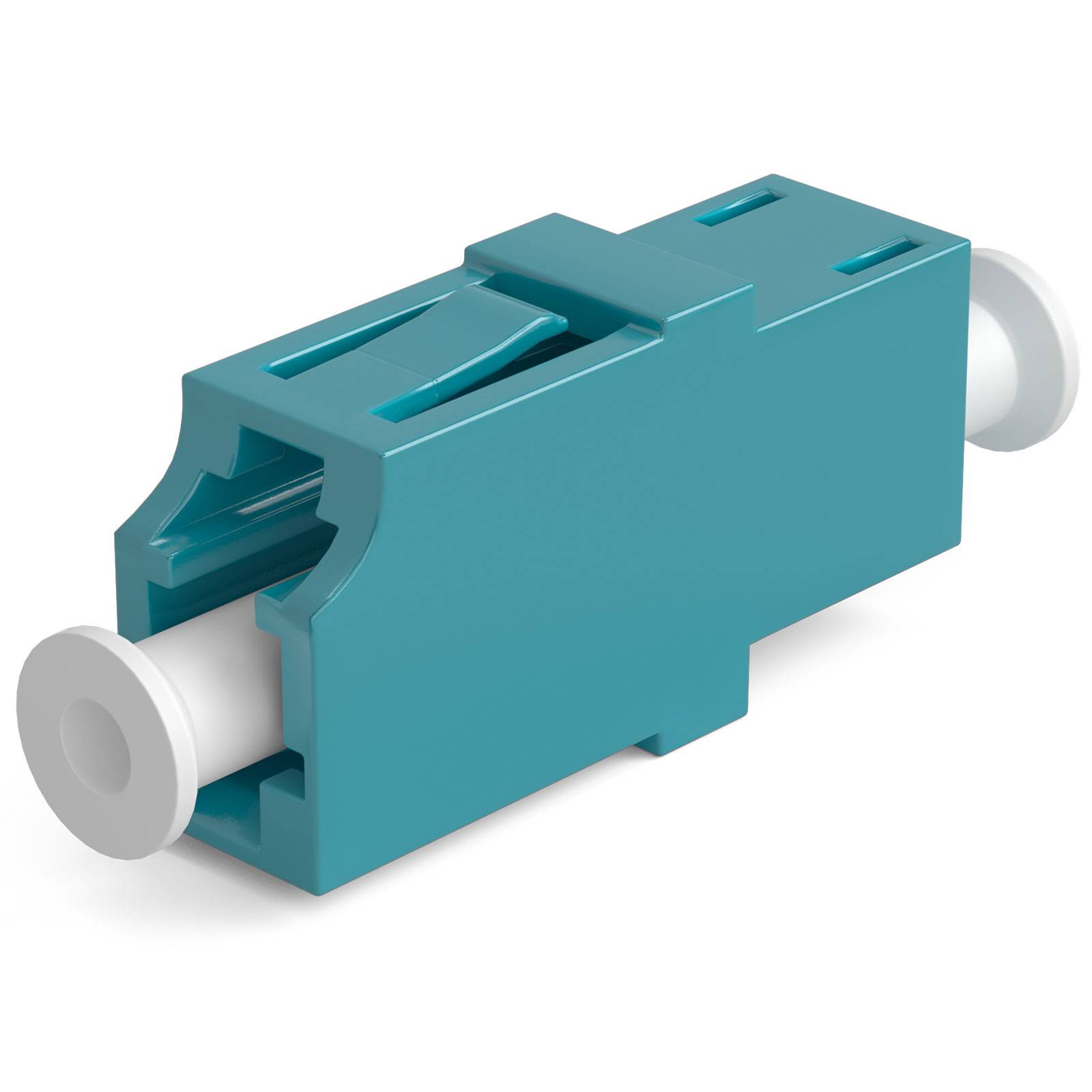 Adapter aus türkisfarbener Glasfaser mit weißen Steckverbindern an beiden Enden, dargestellt in einer sauberen 3D-Technische Illustration.