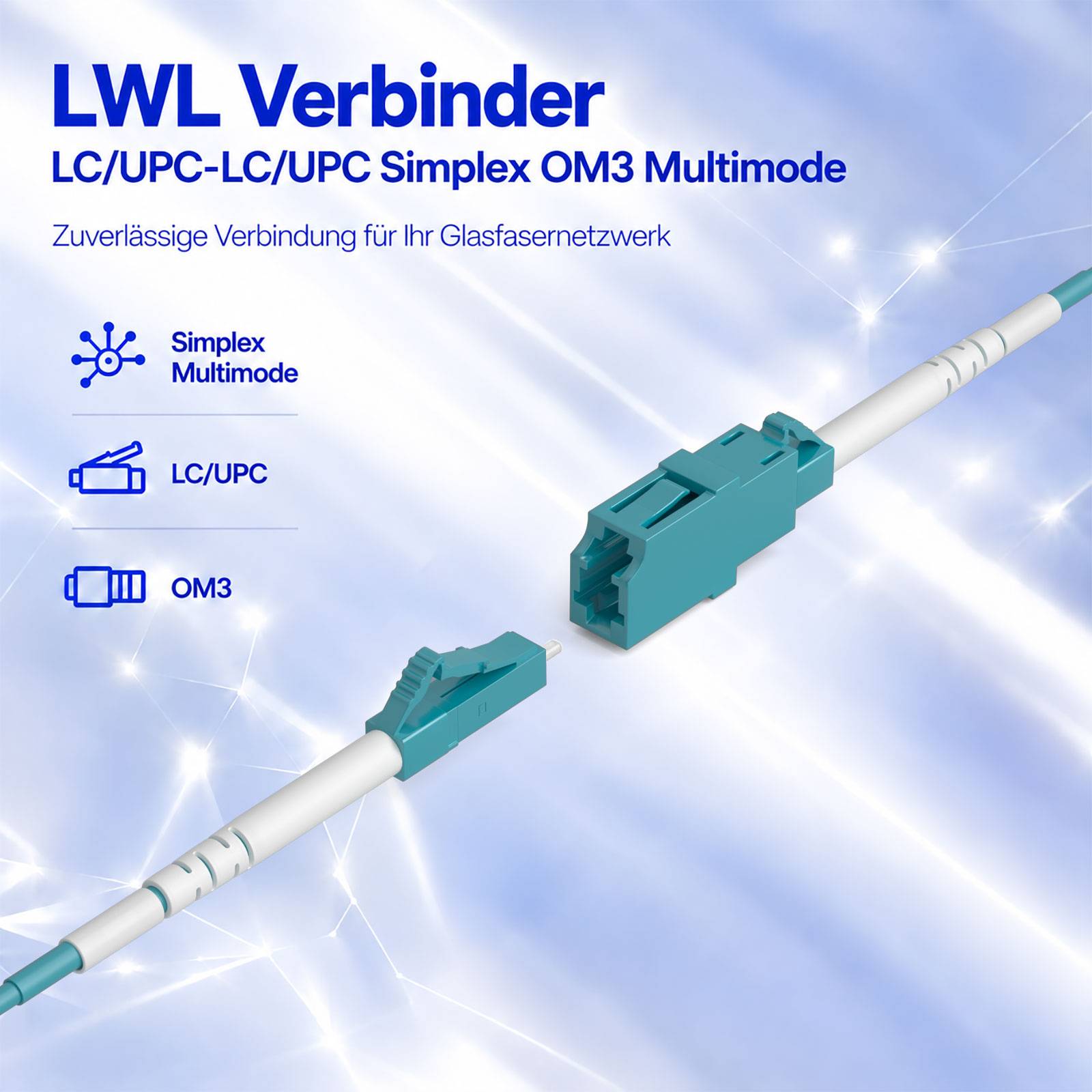 Produktbild eines türkisfarbenen LC/UPC Lichtwellenleiterstecker-Kabels mit der Beschriftung 'LWL Verbinder' für OM3 Multimode-Simplex-Verbindungen.