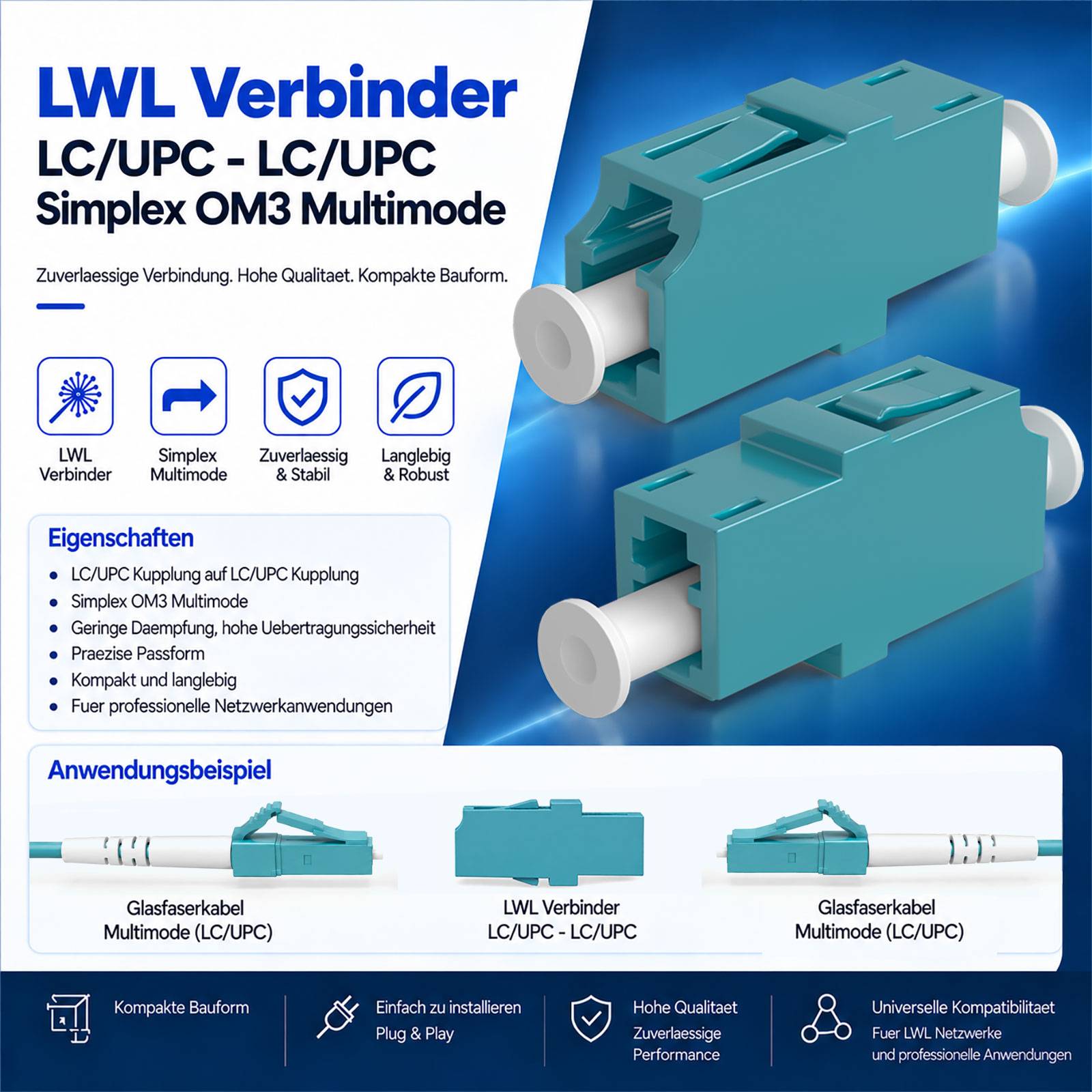 hb-digital LWL Verbinder LC/UPC-LC/UPC Simplex OM3 Multimode aqua