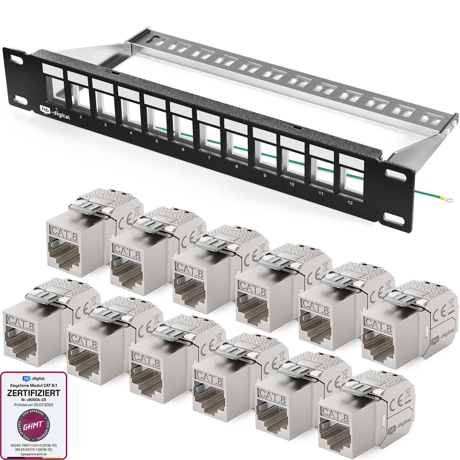 Cat 8 Keystone-Patchpanel mit 12 RJ45-Anschlüssen, dargestellt mit passenden CAT.8-Modularen-Jack-Einsätzen und einem Zertifizierungsetikett.