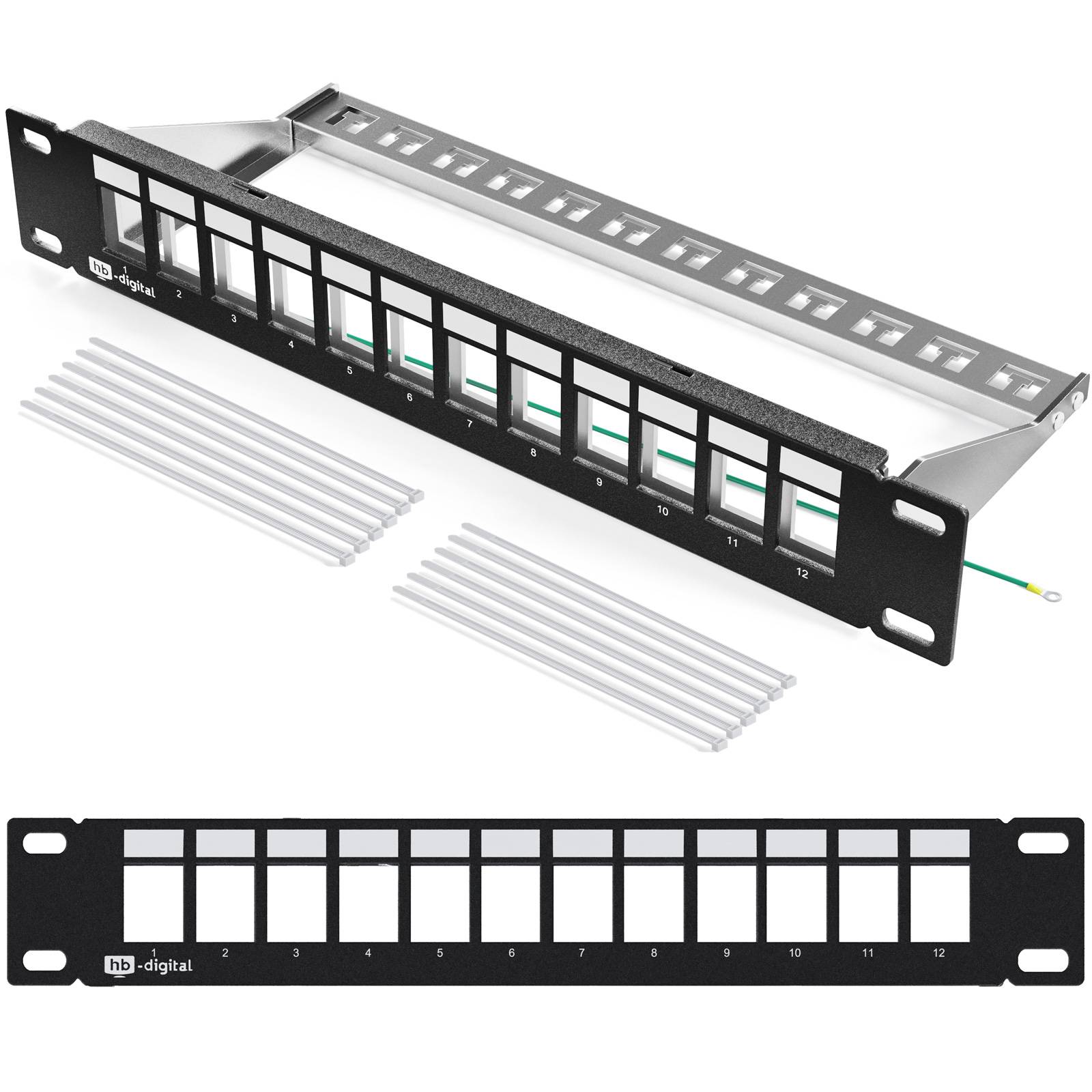 12-Port Rack-Mount-Patchfeld mit nummerierten Buchsen und Kabelmanagement-Leisten, dargestellt in Winkel- und Frontansichten.