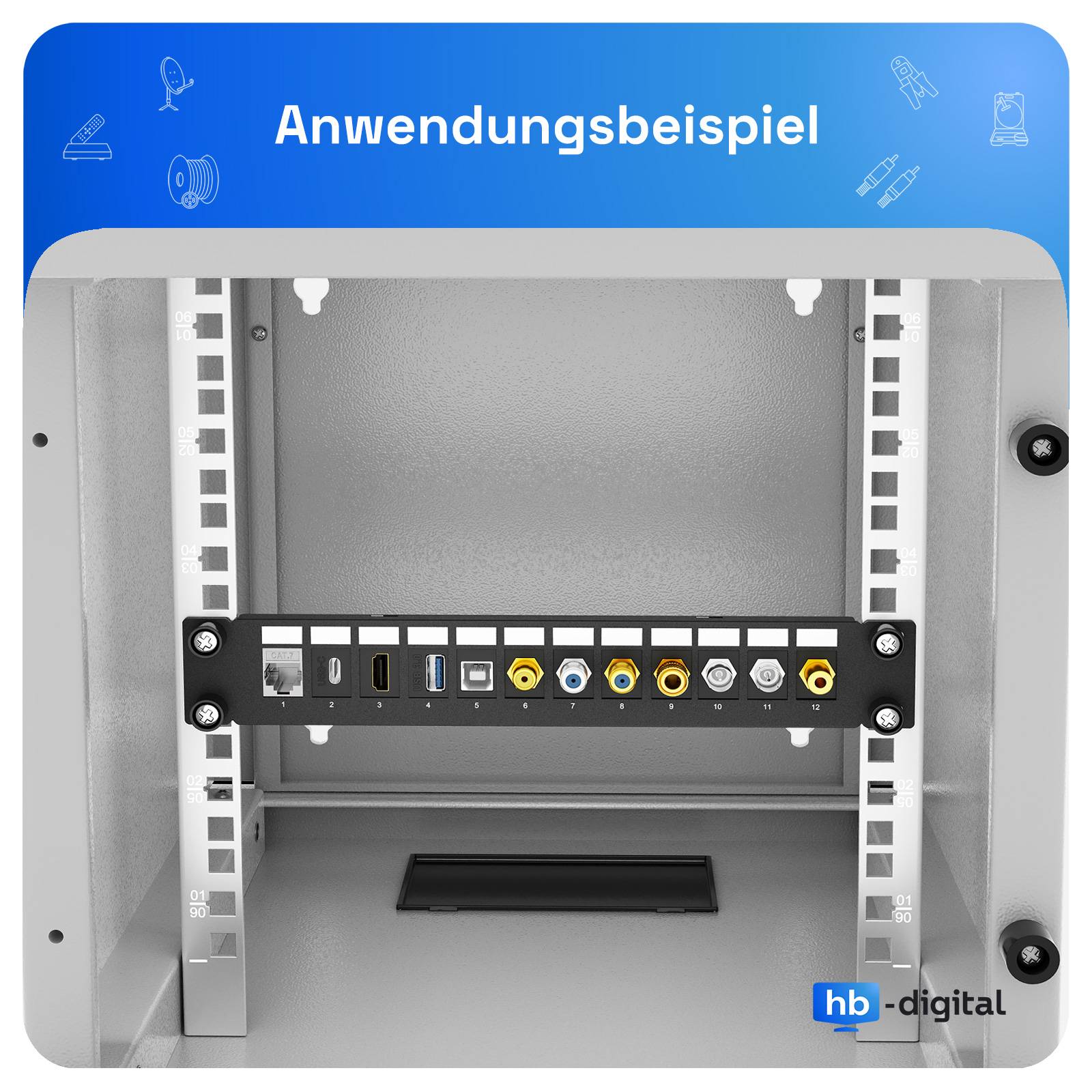 Ein an der Wand montiertes Medienschrank mit einem schwarzen AV-Patchfeld, das verschiedene Eingabeanschlüsse und Kabelverbindungen in einem grauen Gehäuse zeigt.