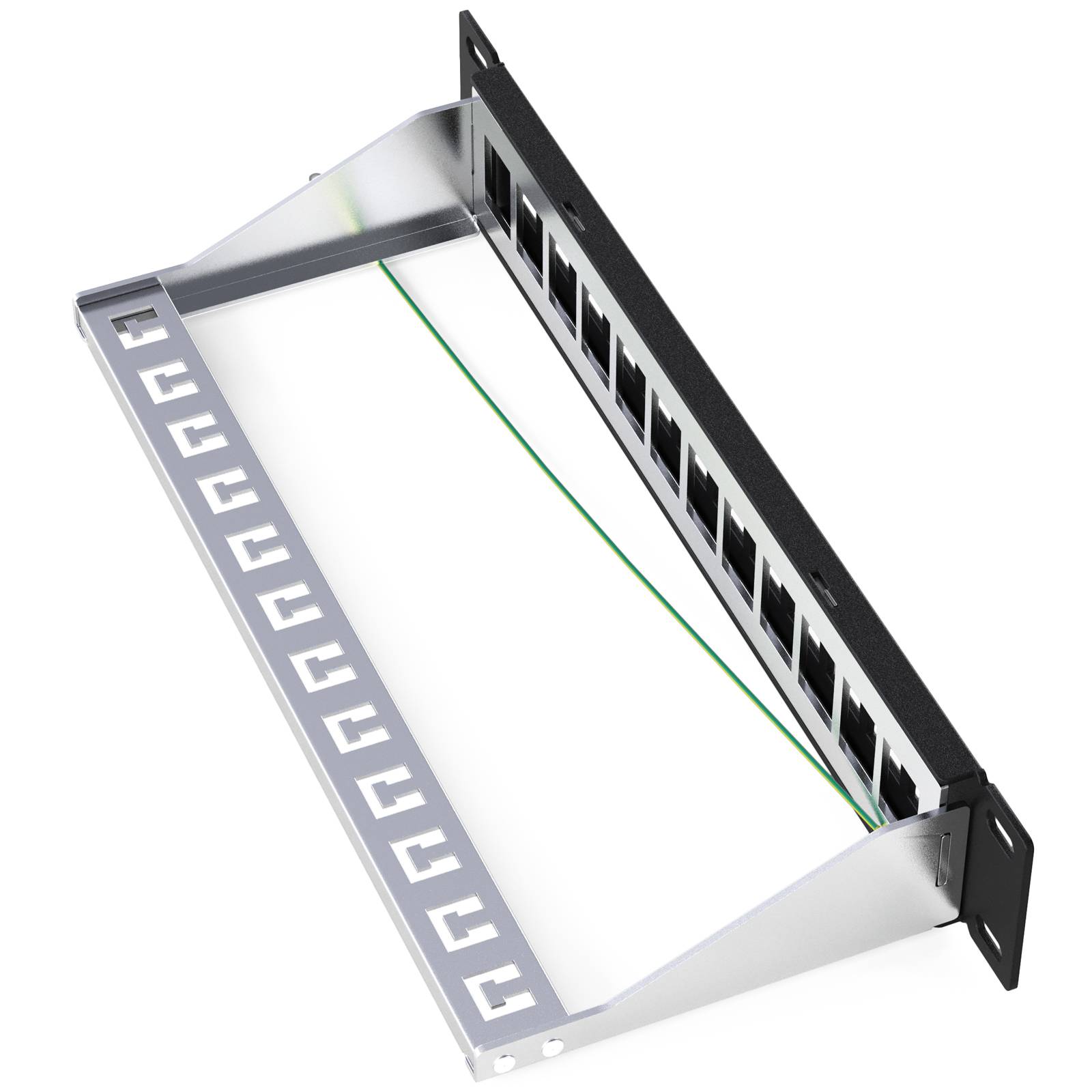 Leeres 19-Zoll-Netzwerkgestell-Patchpanel-Rahmen mit vorderen Anschlussöffnungen und Kabelführung, auf weißem Hintergrund dargestellt.