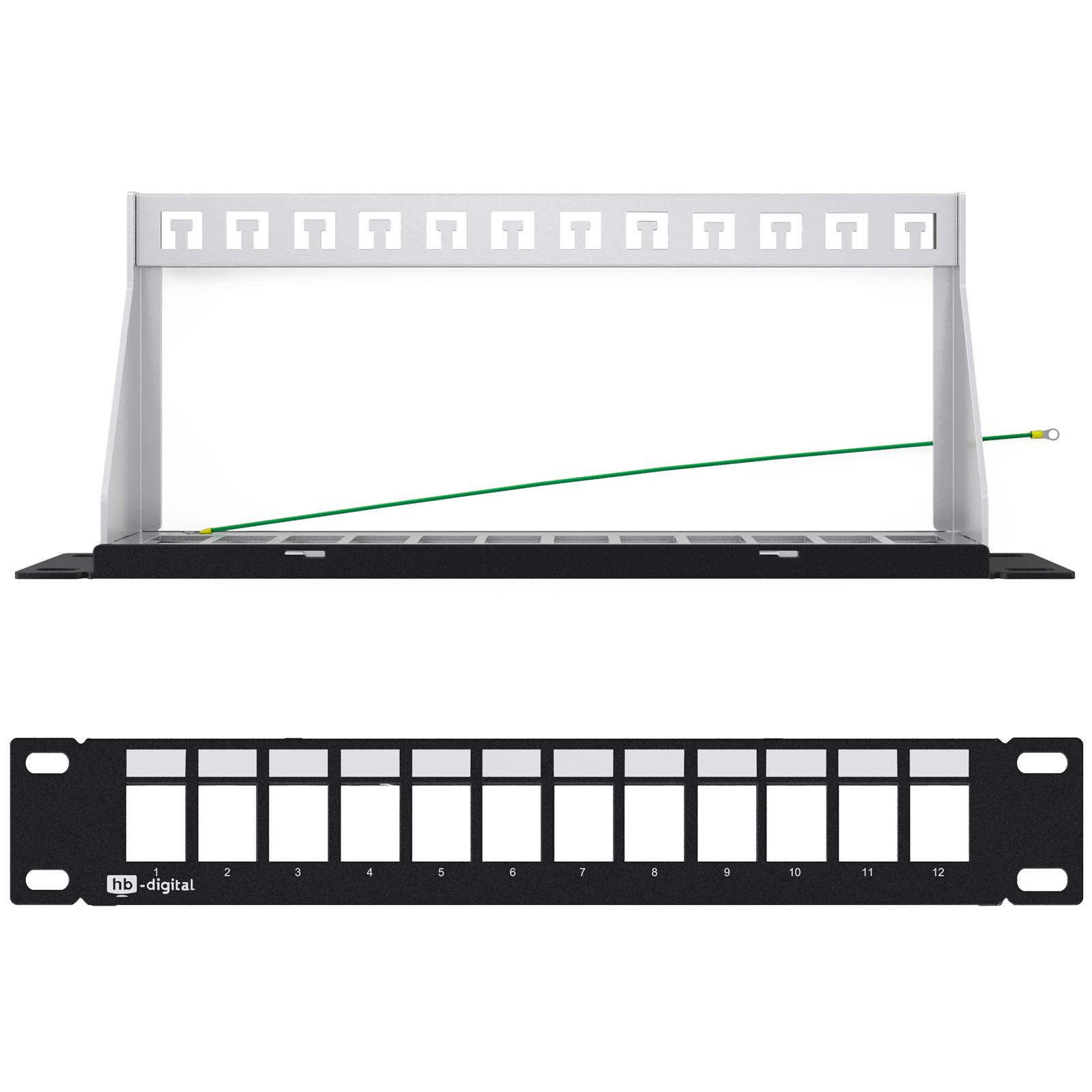 Ein Rackmontagefaseroptikvorkabelorganizer mit einer geneigten Führungsschiene über einem 12-Port schwarzen Patchfeld mit der Bezeichnung „bb-digital