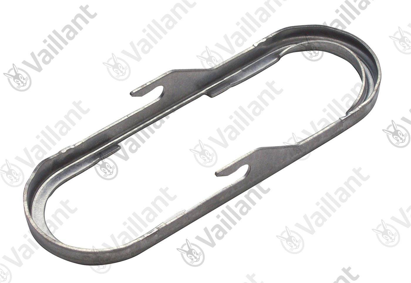 Metallischer ovaler Federclip mit zwei Hakenlaschen, dargestellt auf weißem Hintergrund.