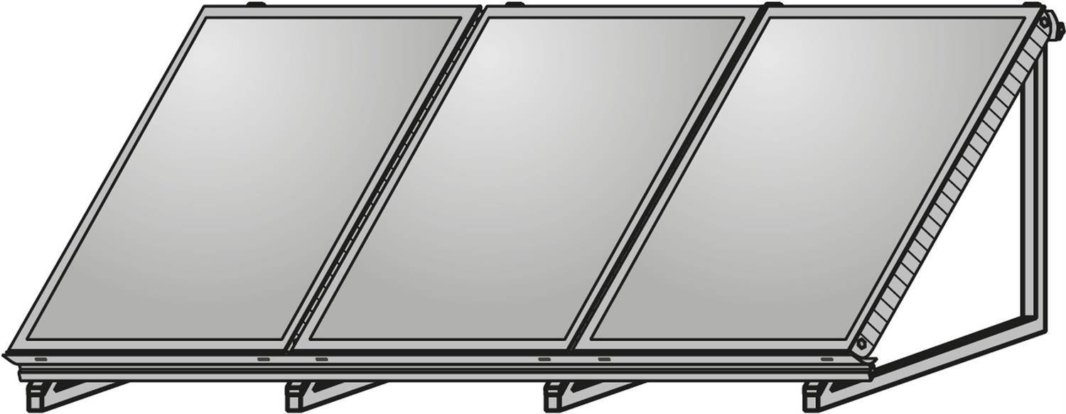 Ein dreireihiges Solarpanelsystem, das auf einem Metallrahmen montiert ist, schräg zur Sonnenexposition ausgerichtet.