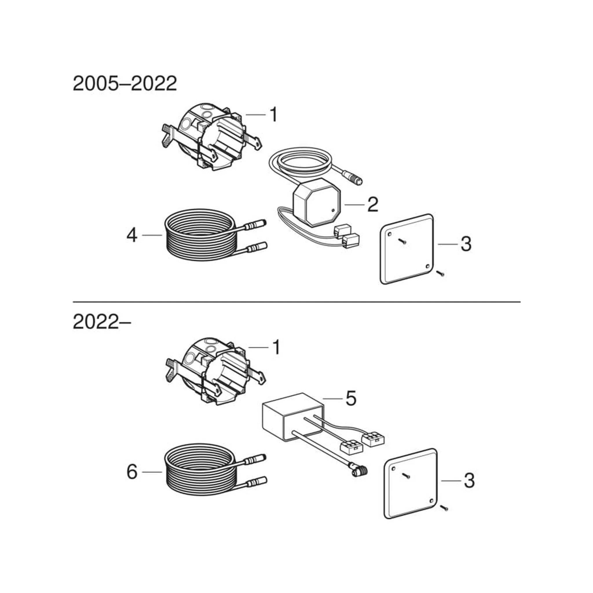Explosionszeichnung mit Vergleich der Versionen 2005–2022 und 2022– einer verdrahteten Baugruppenkomposition, zeigt Teile 1–4 ersetzt durch 1,3,5,6.