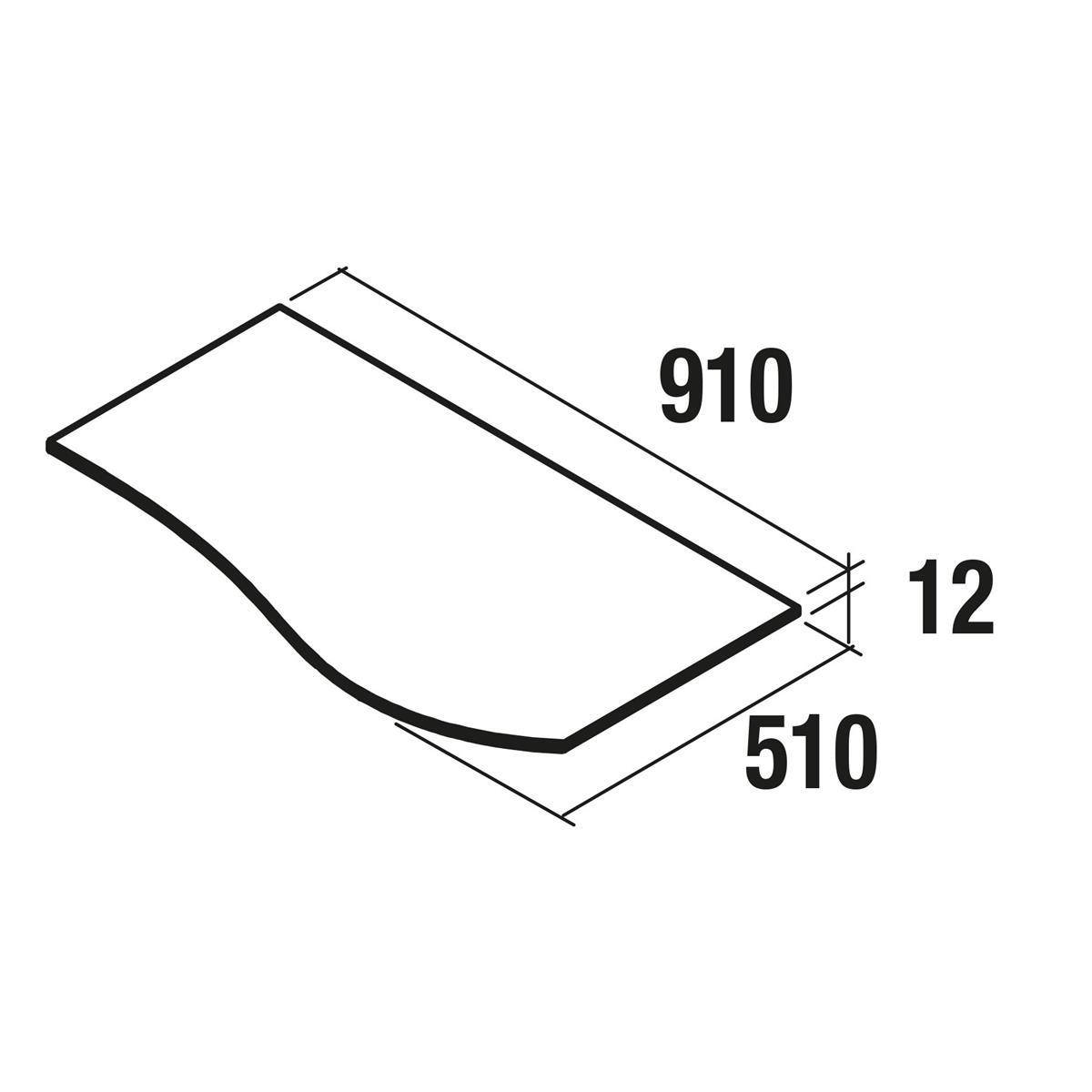 Einfaches isometrisches Diagramm eines rechteckigen Panels mit einer gekrümmten langen Kante, beschriftet mit 910 mal 510 mal 12, das seine Abmessungen zeigt.