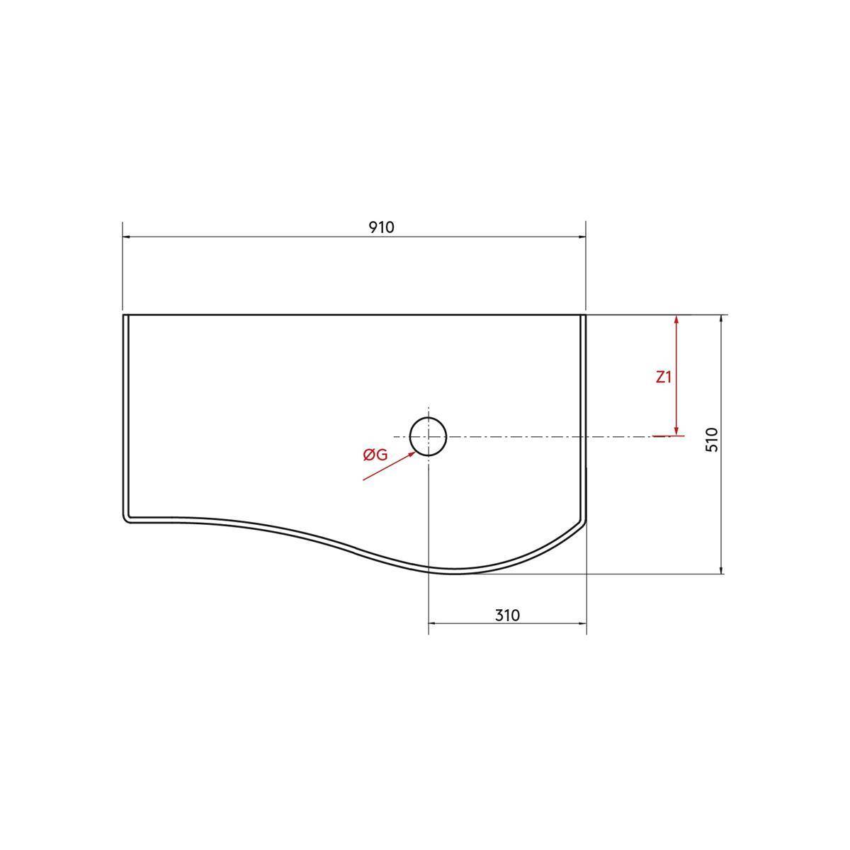 Technische Zeichnung eines rechteckigen Panels mit abgerundeter Unterkante, mit einem zentralen Kreisloch und Abmessungen von 910 mm Breite, 510 mm Höhe und 310 mm Versatz; Z1 auf der rechten Seite gekennzeichnet.