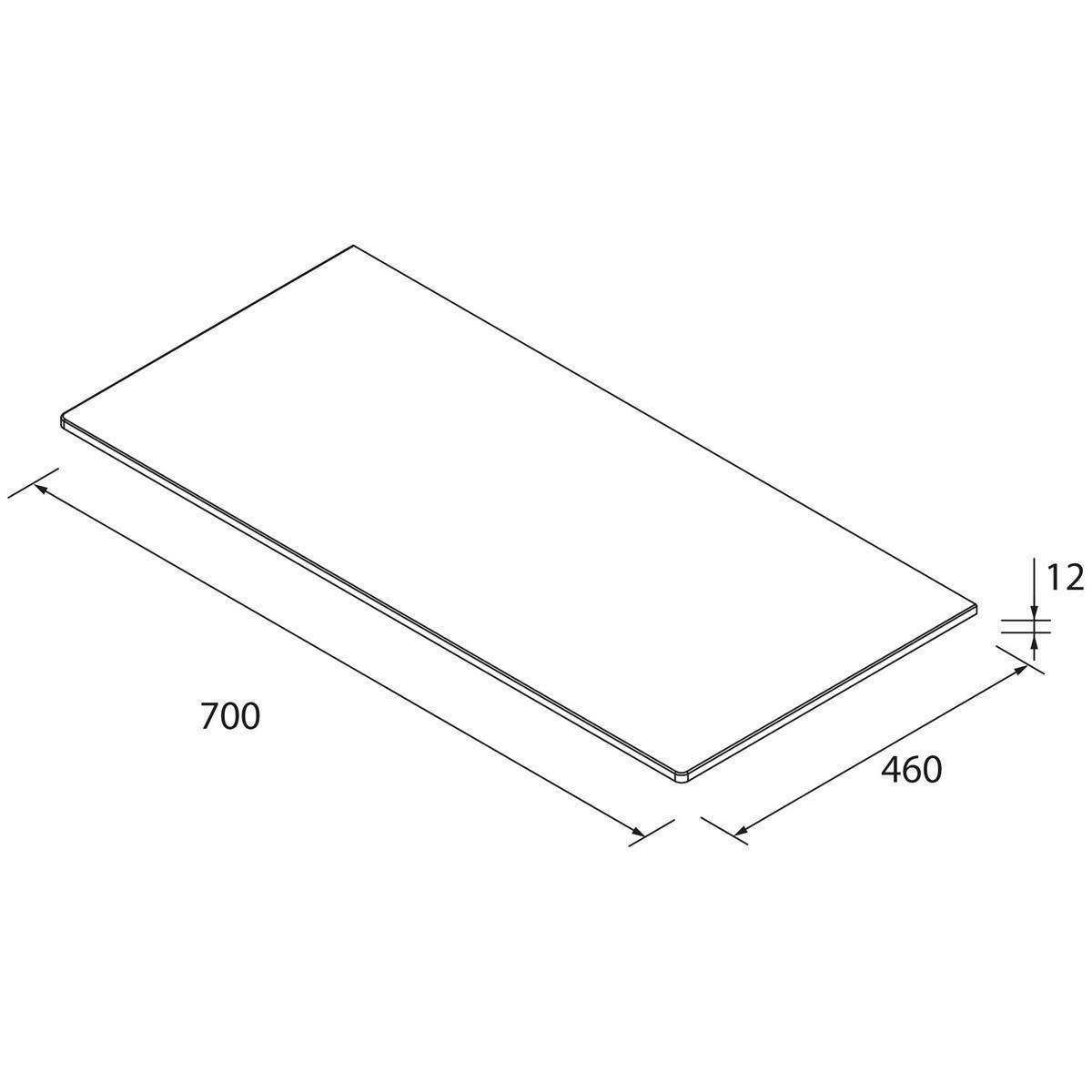 Isometrische Maßzeichnung eines rechteckigen Panels mit den Abmessungen 700 x 460 x 12 mm.