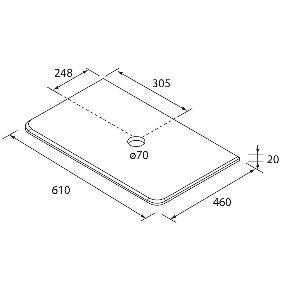 Technische Zeichnung einer abgerundeten rechteckigen Platte mit den Abmessungen 610 x 460 x 20 mm mit einem zentralen Loch ø70, plus Versätze von 248 und 305 mm.