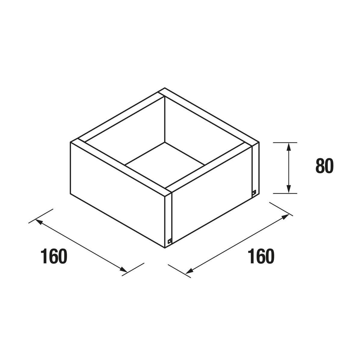 Isometrische Zeichnung einer offenen quadratischen Kiste oder eines Pflanzgefäßes, 160 x 160 Einheiten breit und 80 Einheiten hoch.