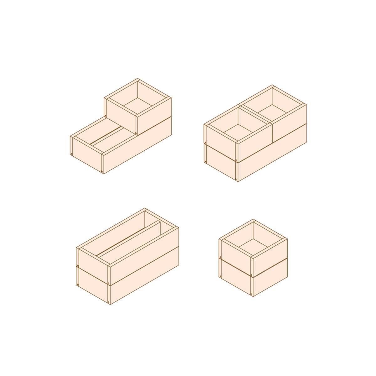 Vier isometrische Illustrationen von Holzboxen-artigen Lagerbehältern in verschiedenen Konfigurationen, die offene Fächer und stapelbare modulare Designs zeigen.