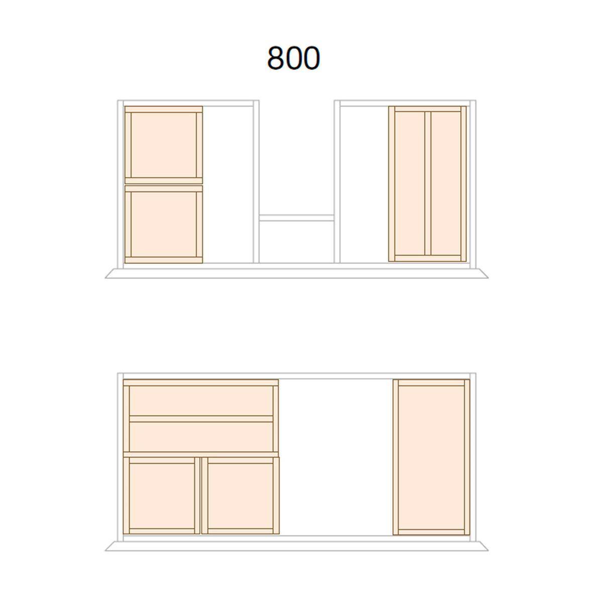 Basislayout-Diagramm mit Nummer 800, das zwei Vorderansichten einer Basiseinheit zeigt mit linker Schublade und Schranksektionen sowie einem rechten hohen Türpaneel.