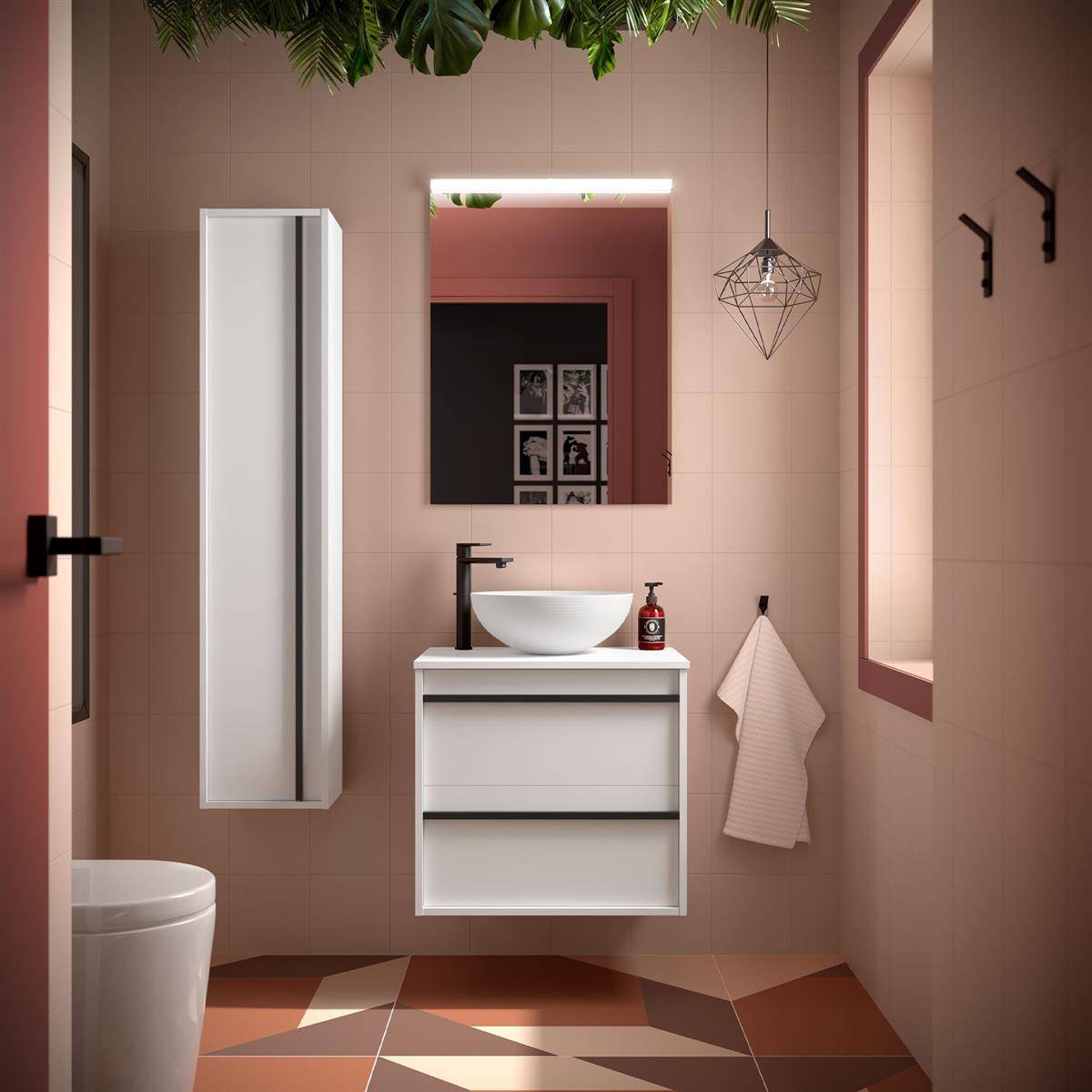 Modernes Badezimmer mit schwebendem Waschtisch, rundem Waschbecken, Spiegel, Handtuch, Duschkabine, Toilette und geometrischen Bodenfliesen in Rosa- und Terrakottatönen.