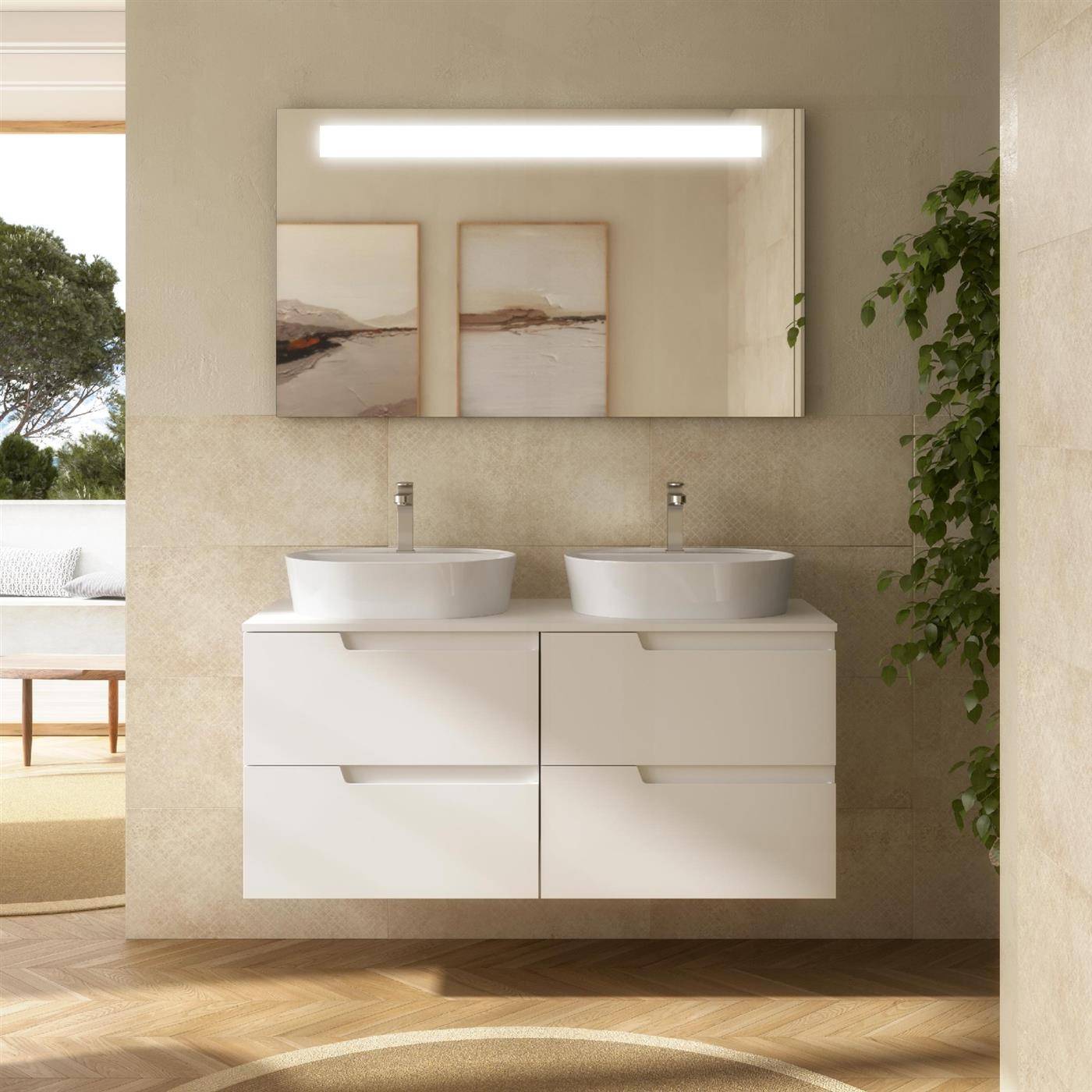 Badezimmermöbel VIMA 1200 WHITE SATIN + Waschtisch-Platte