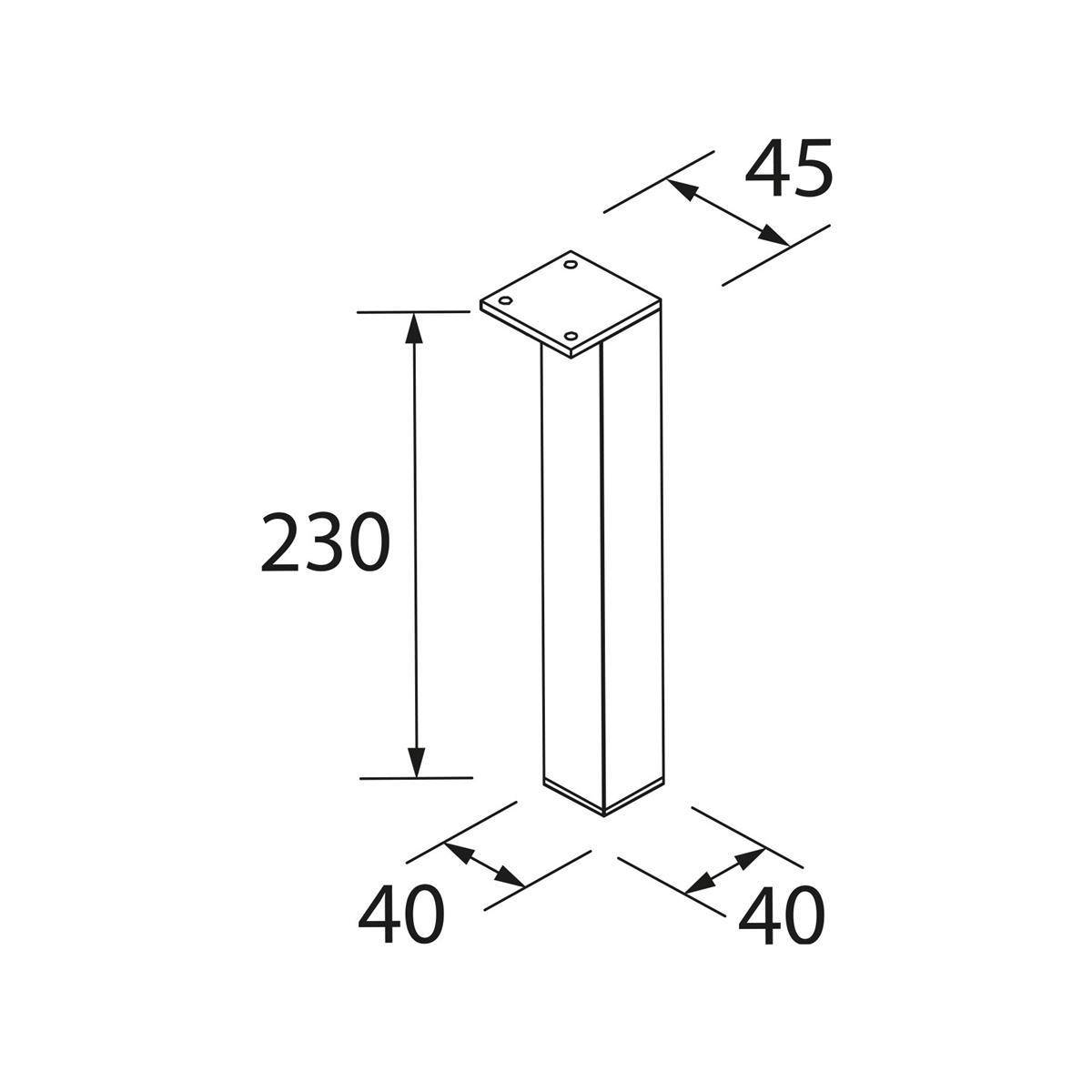 Technische Zeichnung eines quadratischen Metallbeins: 230 mm hoch, 40 x 40 mm Grundfläche, mit einer 45 mm Befestigungsplatte oben.