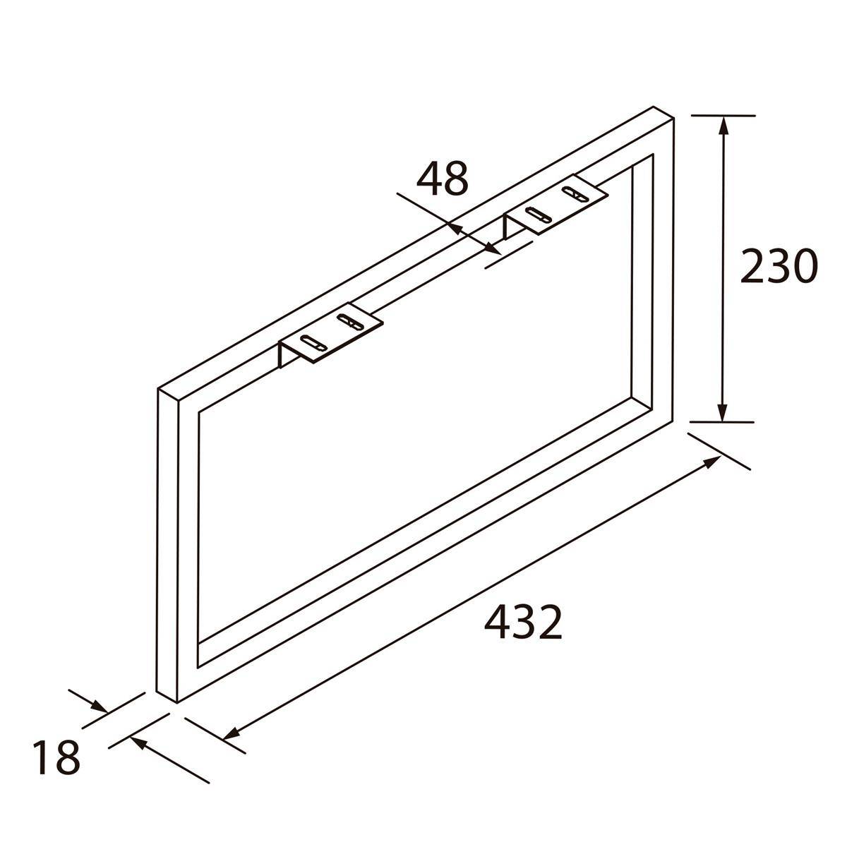 Technische Zeichnung eines rechteckigen Rahmenpanels mit den Abmessungen 432 Breite, 230 Höhe und 18 Dicke, plus 48 Abstand zwischen Montagelaschen.