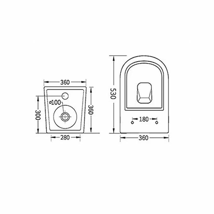 Technische Zeichnung einer Toilettenarmatur mit Vorder- und Seitenansicht mit Abmessungen: 360 mm Breite, 530 mm Höhe, 300 mm Tiefe und 100 mm sowie 180 mm Öffnungsmaße.