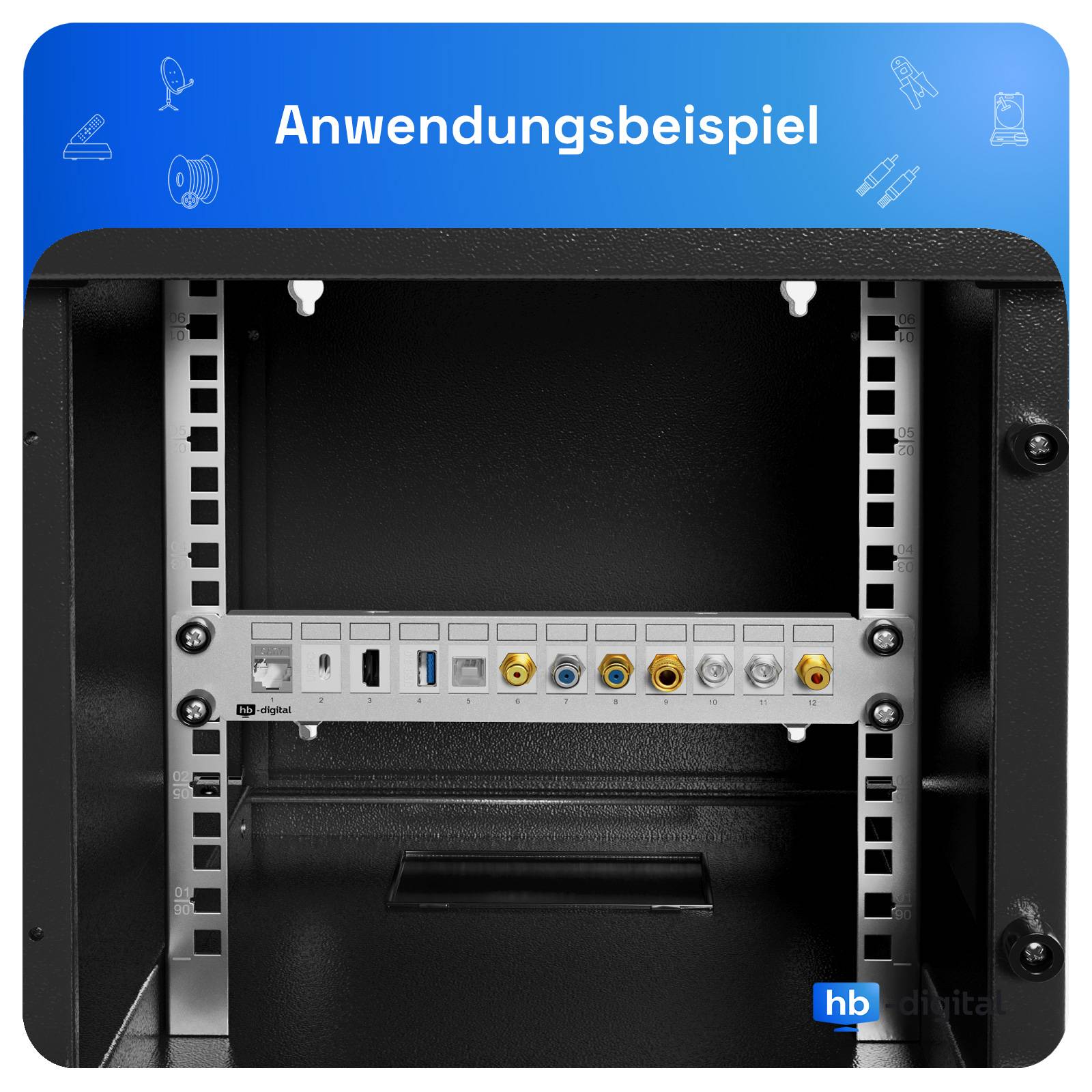 hb-digital Patchfeld 10 zoll 12-Port für Keystone Module grau 1HE