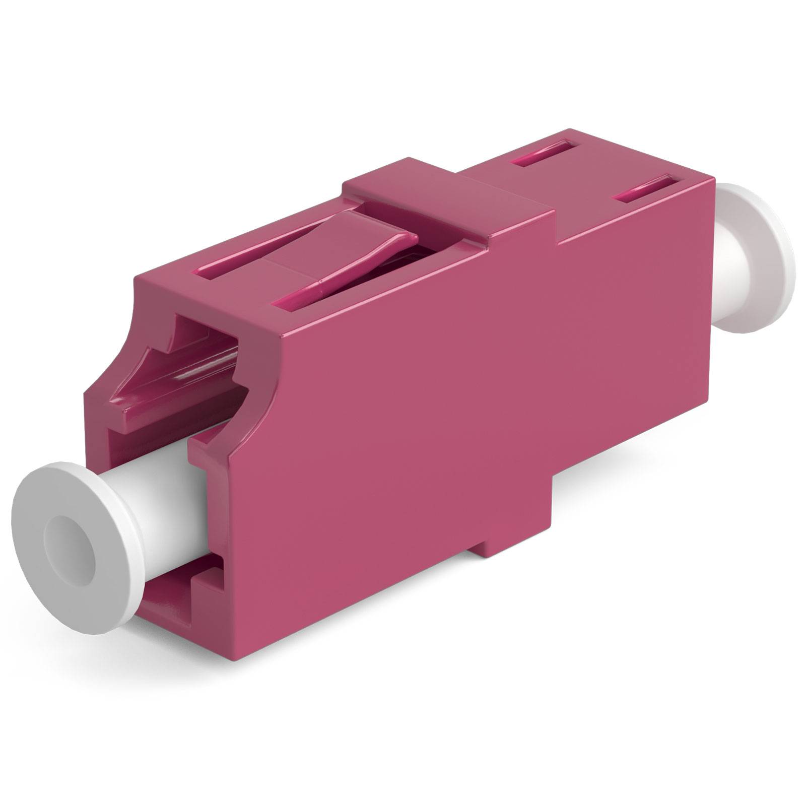 Rosa Lichtwellenleiterverbinder mit einem weißen Stecker an der Vorderseite und einem weiteren, der auf der Rückseite herausragt.