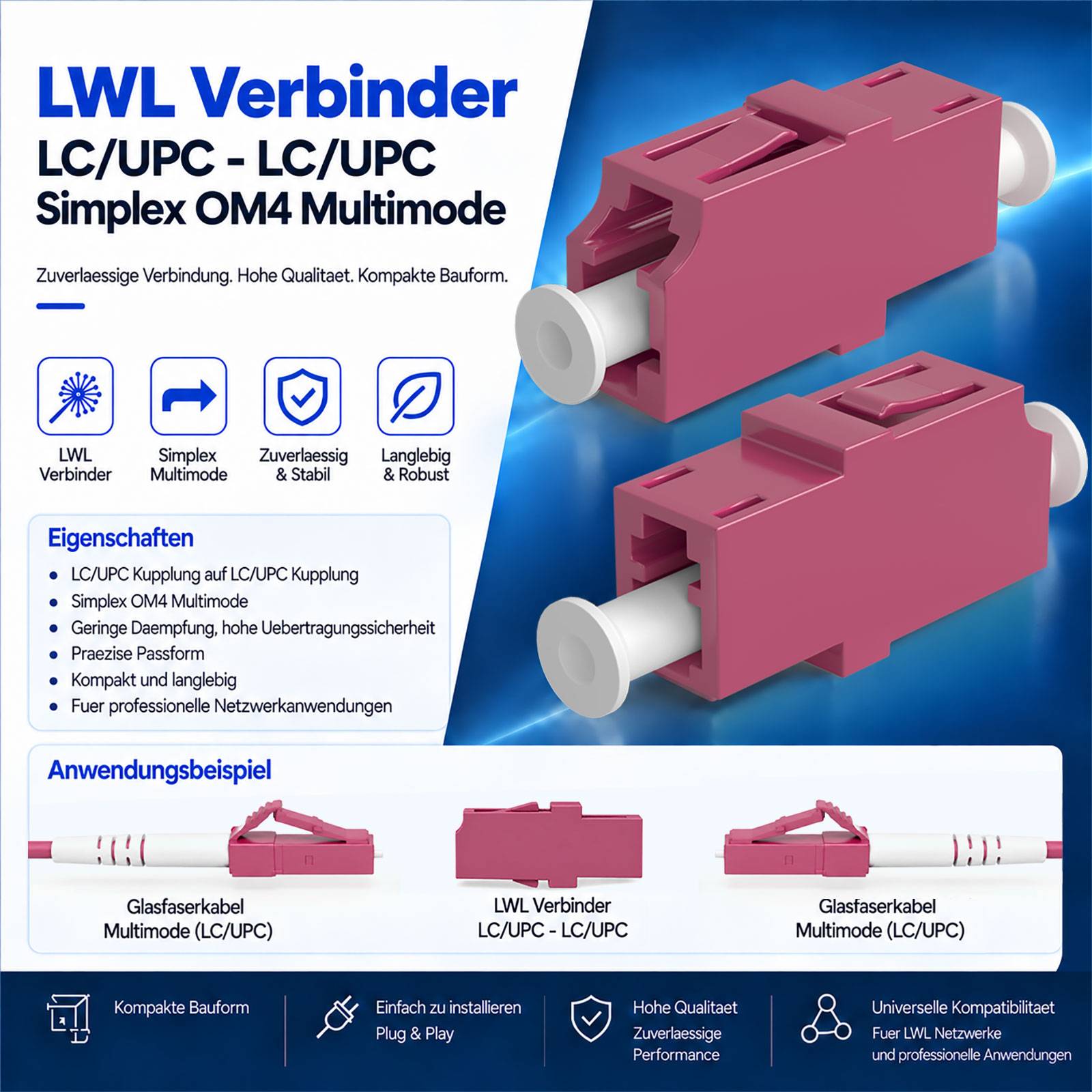 hb-digital LWL Verbinder LC/UPC-LC/UPC Simplex OM4 Multimode violett