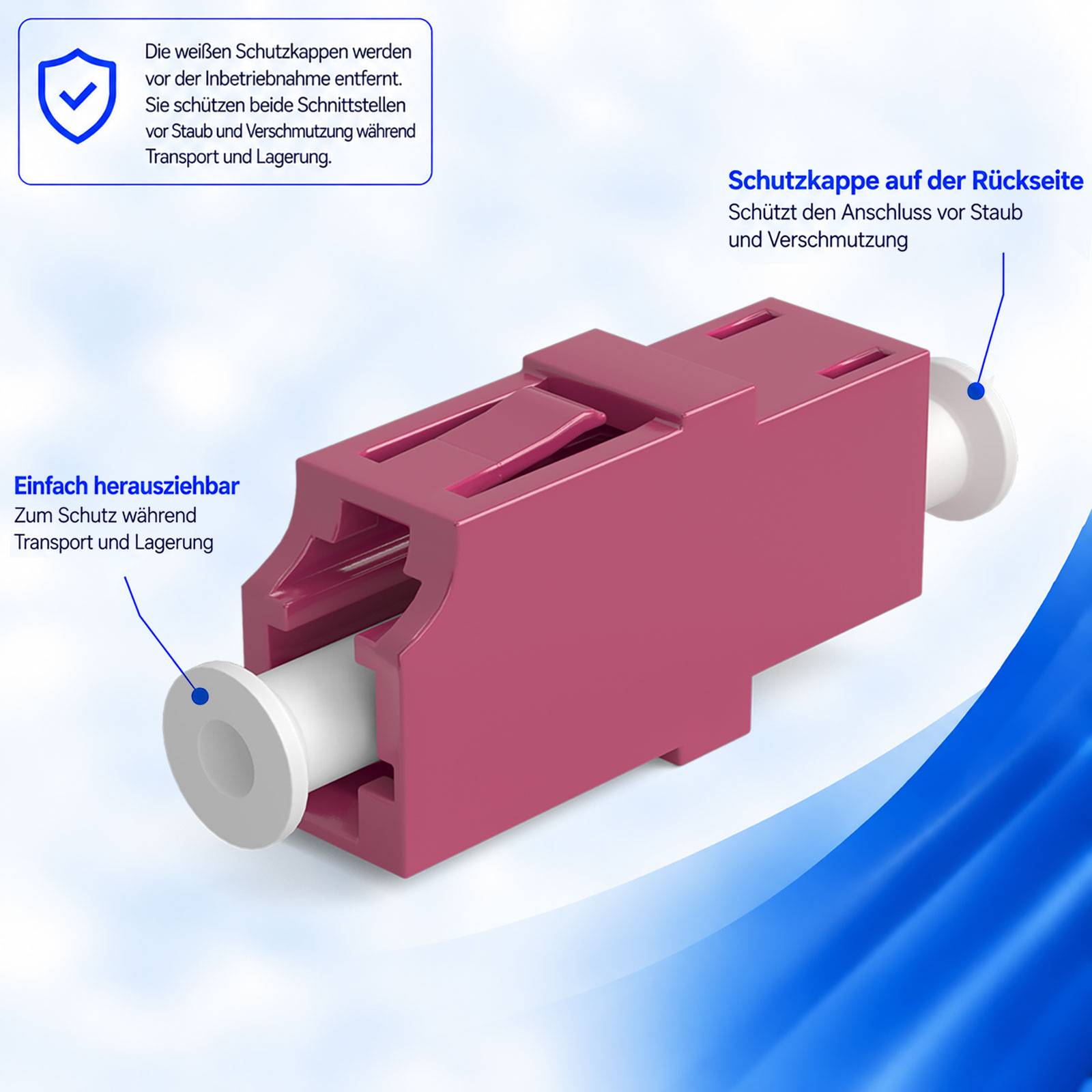 3D-Illustration eines rosa Lichtwellenleitersteckers mit weißen Schutzkappe, gekennzeichnet als wiederverwendbar für Transport und Lagerung zum Schutz vor Staub und Schmutz.