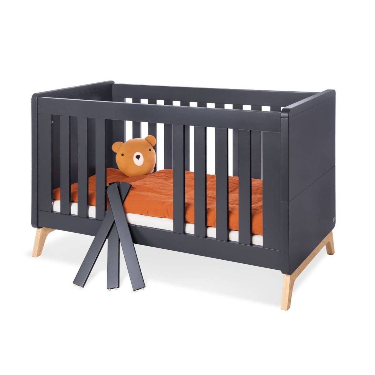 Pinolino Kinderbett 140 x 70 cm anthrazit Esche umbaubar zum Juniorbett