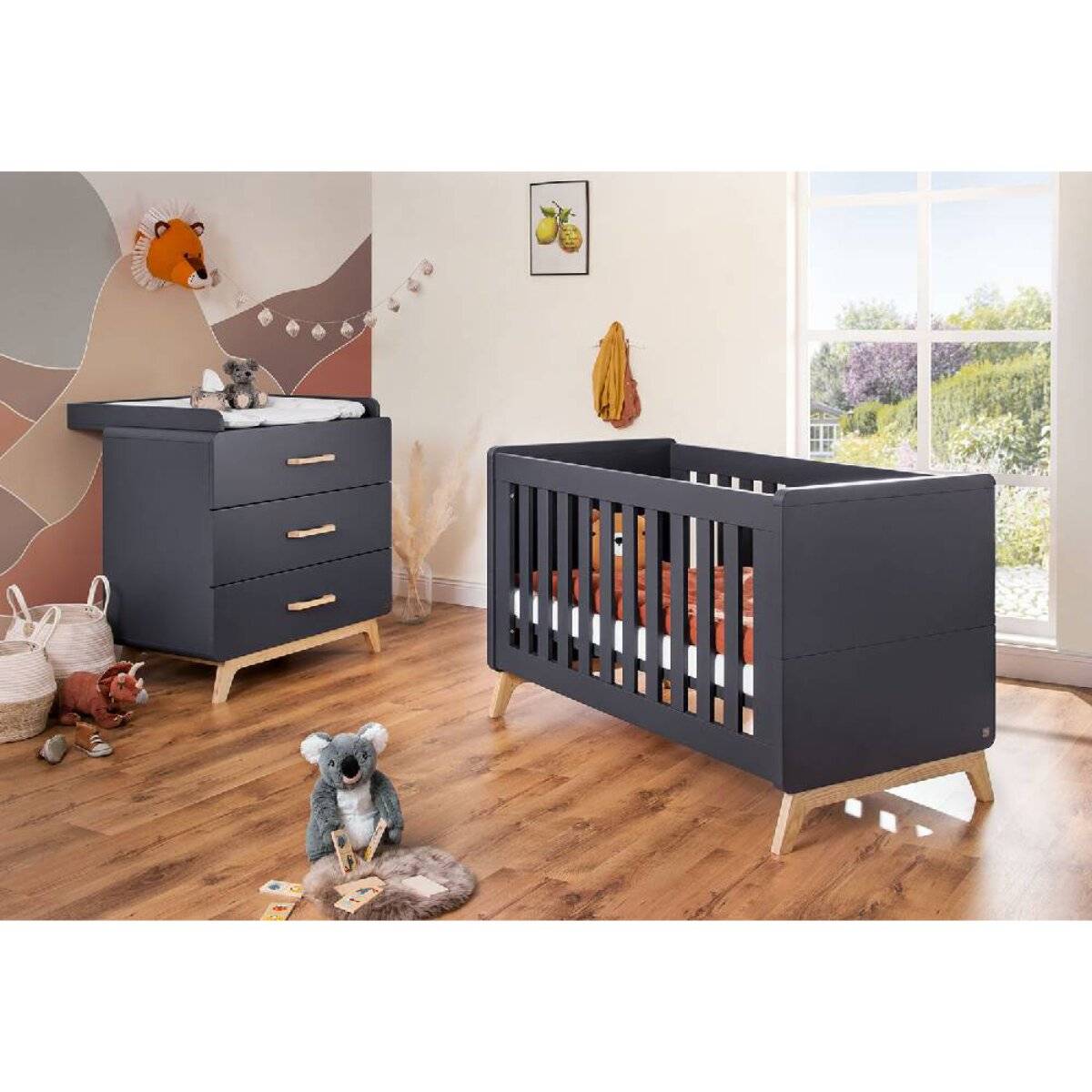 Pinolino Kinderbett 140 x 70 cm anthrazit Esche umbaubar zum Juniorbett