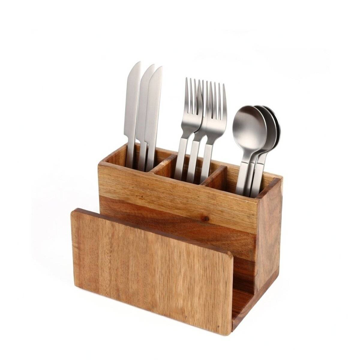 Besteckständer aus Holz mit 3 Besteckfächern + Serviettenfach, für Küche & Garten