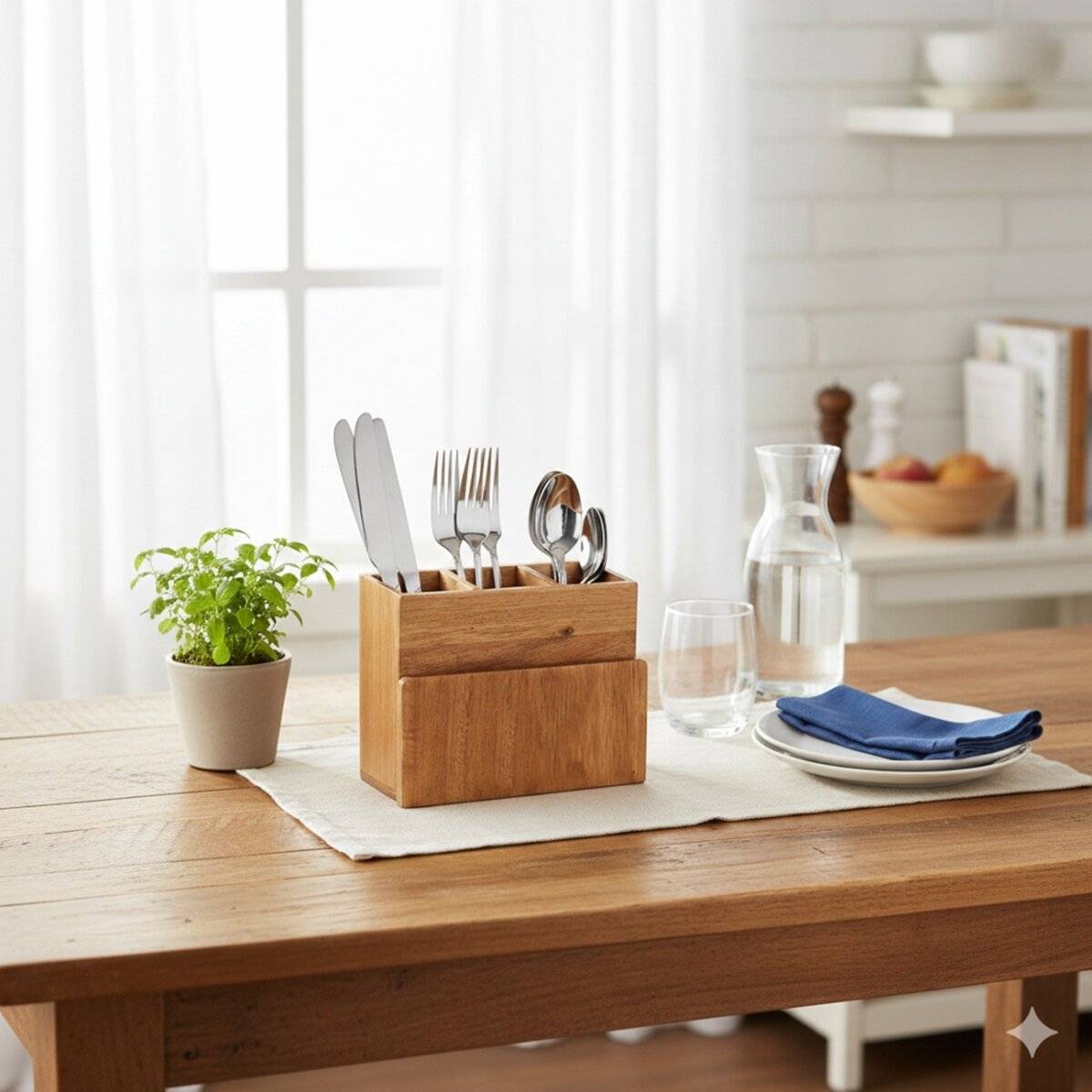 Besteckständer aus Holz mit 3 Besteckfächern + Serviettenfach, für Küche & Garten