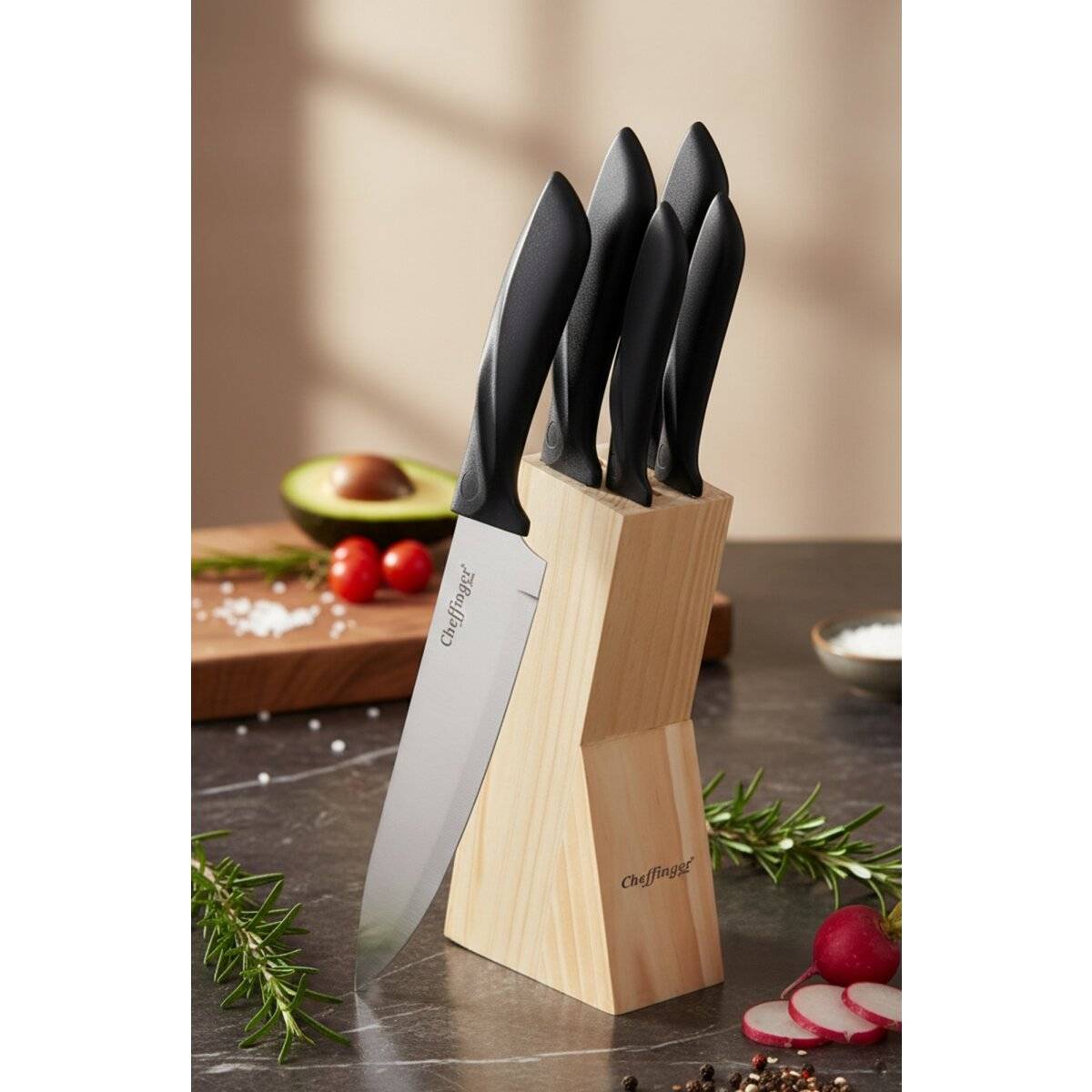 6-teiliges Messerset mit Messerblock aus Holz, mit ergonomischen Griffen
