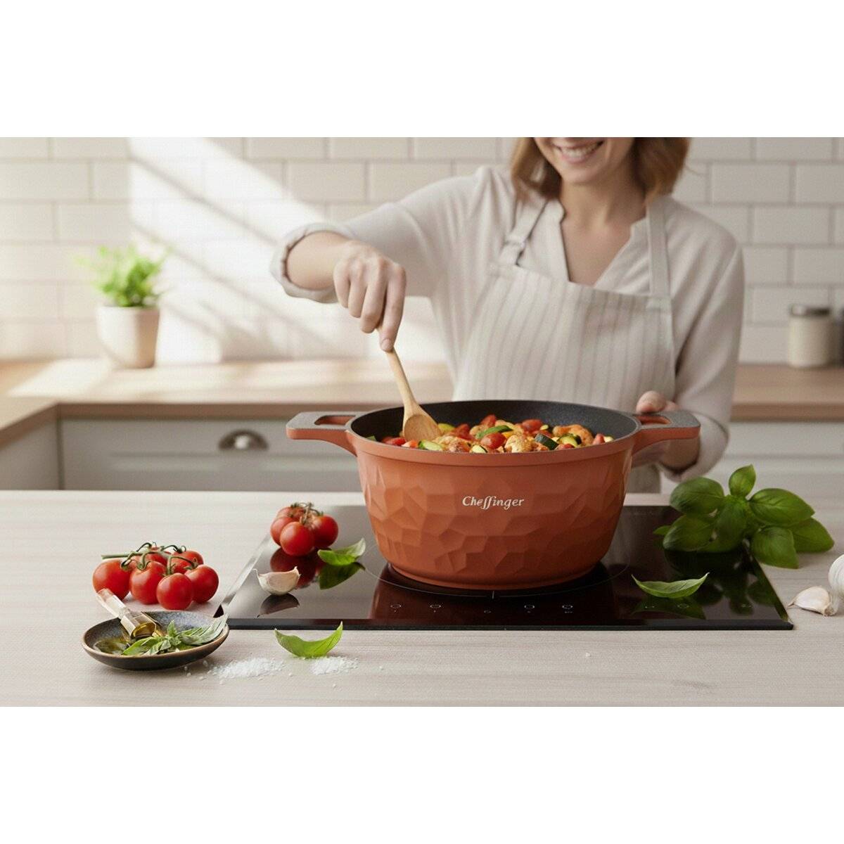 6-teiliges Kochtopfset mit Marmorbeschichtung, Induktionsgeeignet - 20/24/28 cm Braun