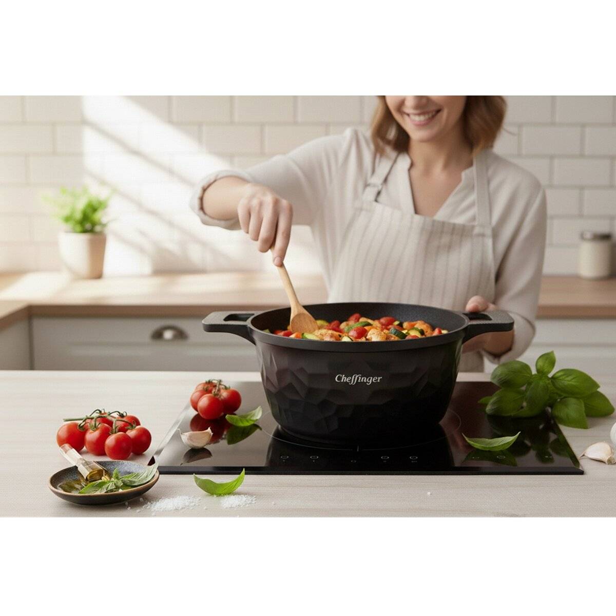 6-teiliges Kochtopfset mit Marmorbeschichtung, Induktionsgeeignet - 20/24/28 cm Schwarz