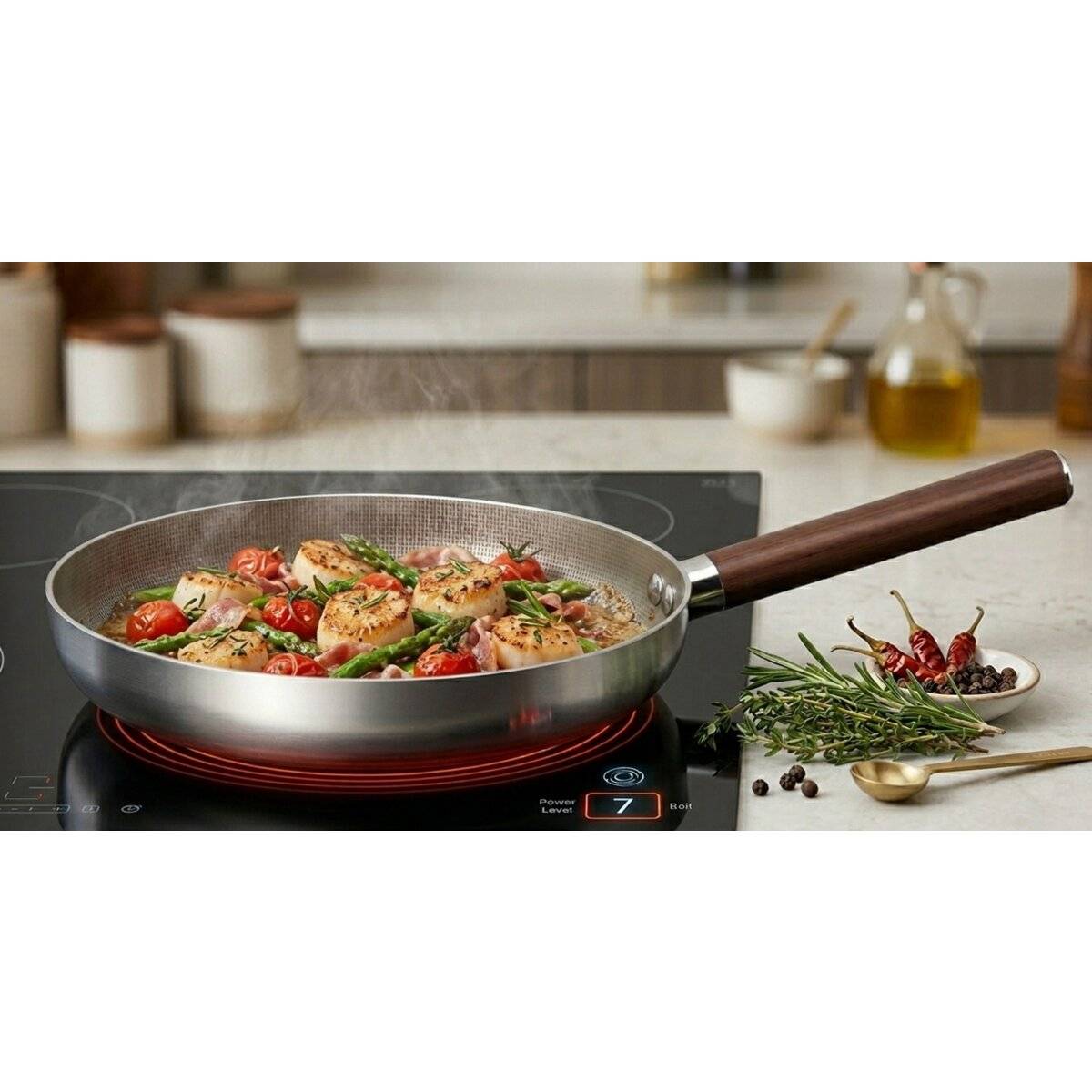 Bratpfanne mit Marmorbeschichtung, Induktionsgeeignet - Ergonomischer Griff in Holz-Optik 20 cm
