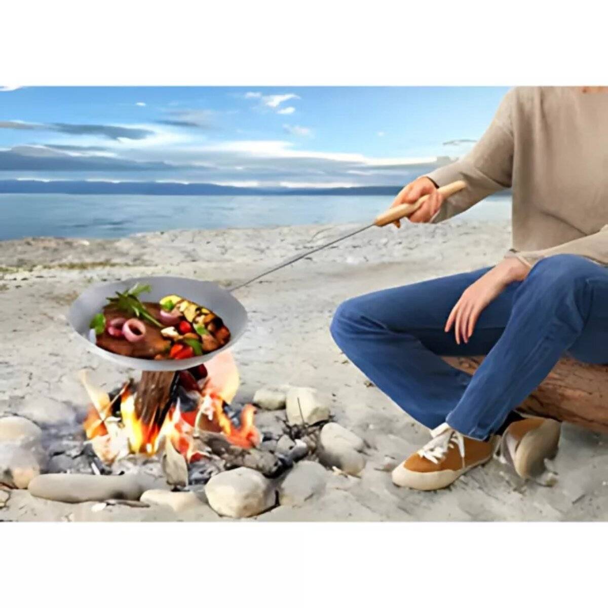 Grill Pfanne Camping mit 65 cm langem Griff Holzgriff Bratpfanne für Lagerfeuer Feuerstelle Outdoor