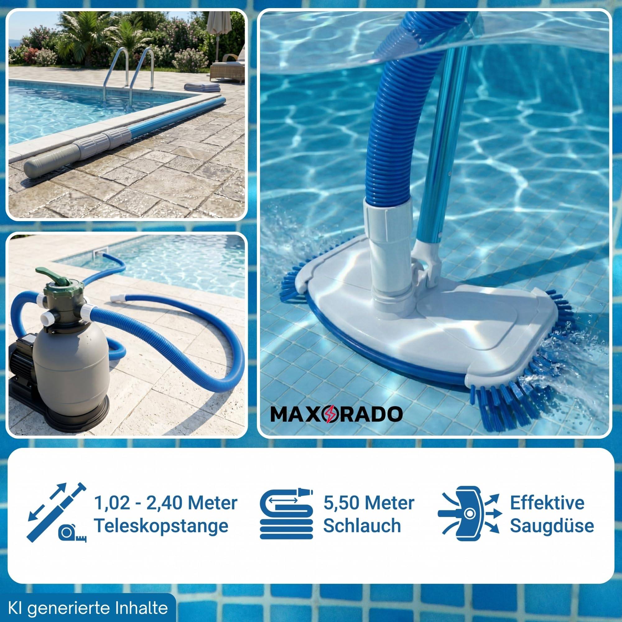 Poolsauger Bodensauger Düse + Schlauch + 2,4m Teleskopstange zur Reinigung von Pool Schwimmbecken Spa Bodenreiniger Saugbürste