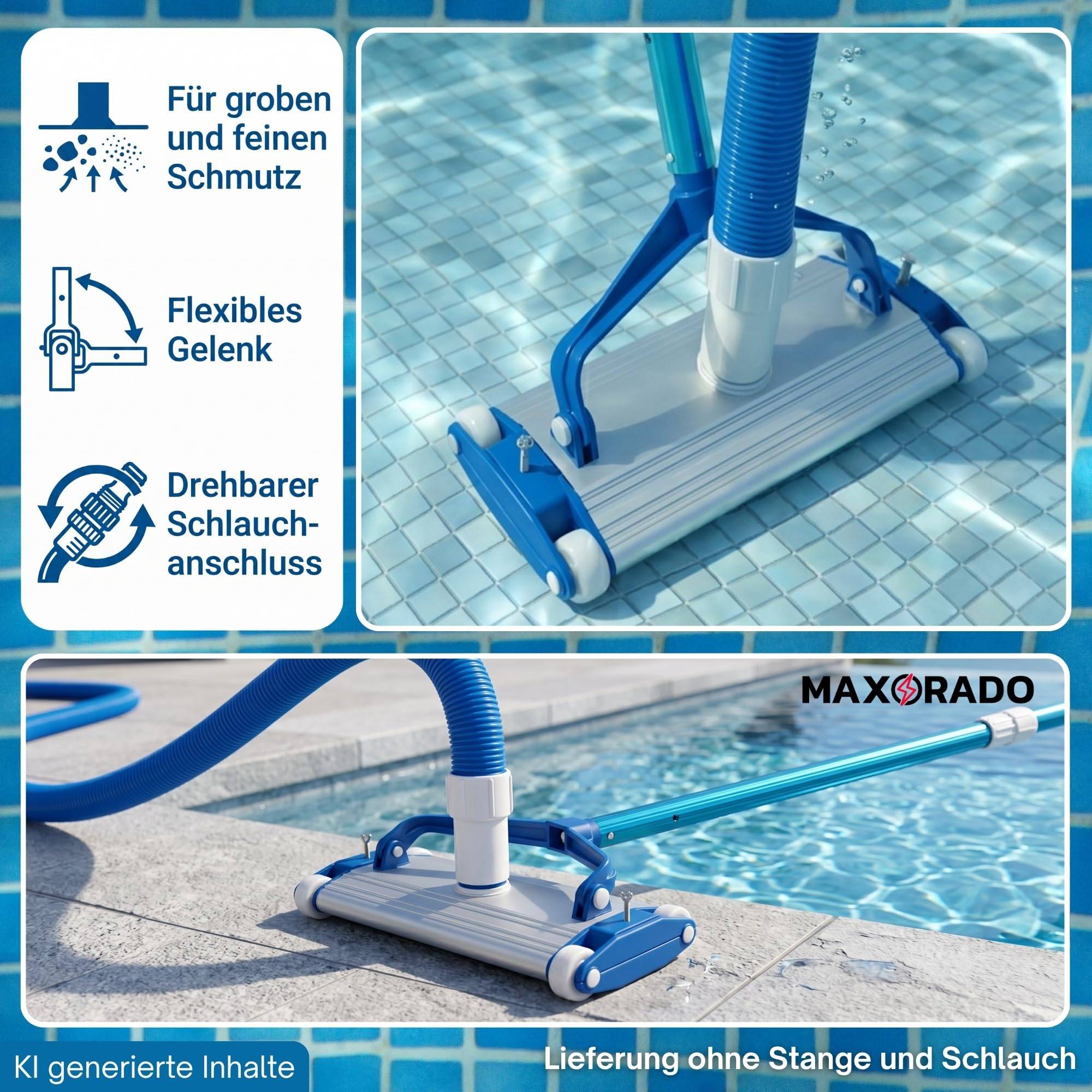 Poolbürste Profi 35cm extra schwer mit 38mm Sauganschluss aus Aluminium mit 4 Rädern, Schwere Pool Bodensaugerbürste Bodensauger für Aufstellpool