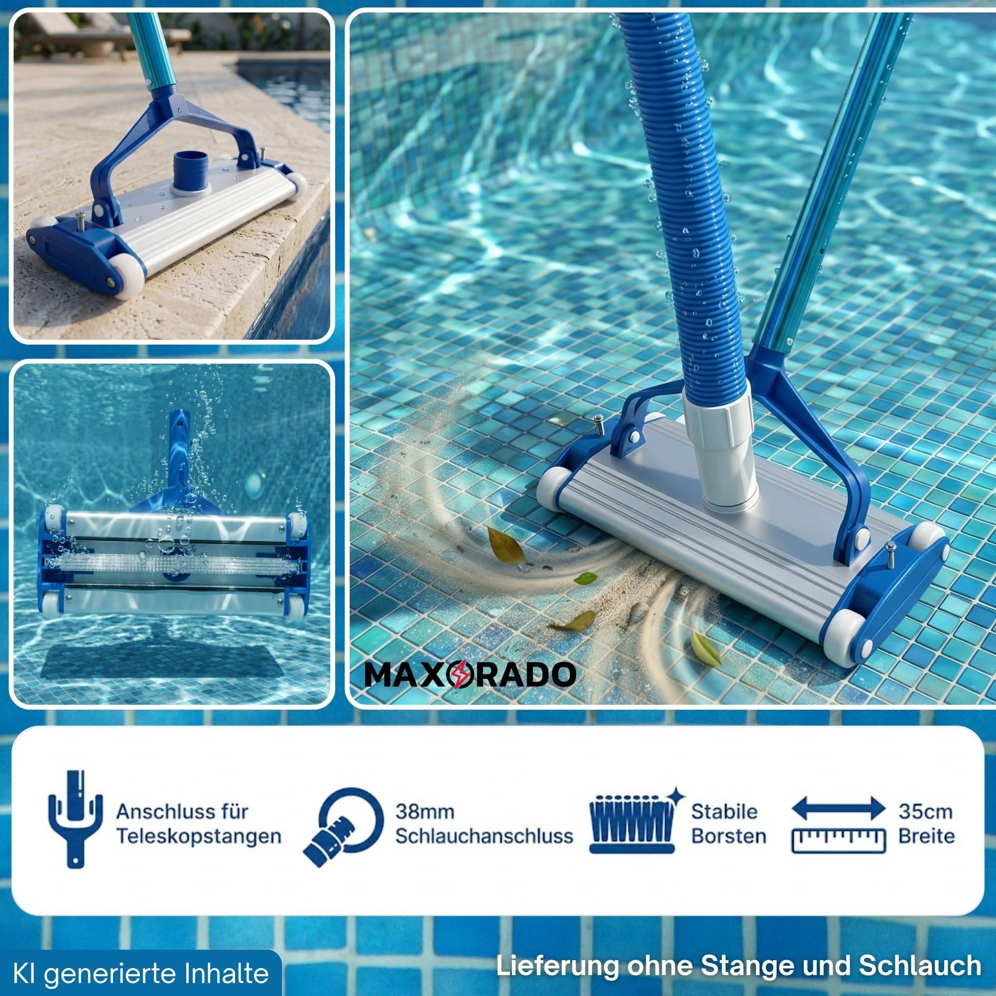 Poolbürste Profi 35cm extra schwer mit 38mm Sauganschluss aus Aluminium mit 4 Rädern, Schwere Pool Bodensaugerbürste Bodensauger für Aufstellpool