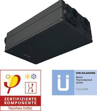 Schwarzes rechteckiges Lüftungsgerät, das oben Zertifizierungslogos für 