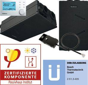 Schwarze Lüftungs-/Heizungsanlage mit Wandcontroller-Display und zertifizierten Komponentenabzeichen, einschließlich Passivhaus Institut und deutschen Genehmigungszeichen.