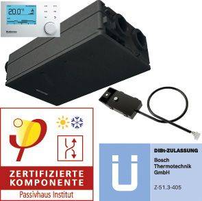 Schwarze rechteckige Lüftungseinheit mit Controller-Display und Sensorkabel, dargestellt mit Zertifizierungslogos einschließlich „Zertifizierte Komponente
