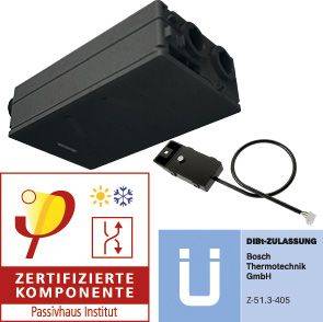 Schwarze rechteckige HVAC-Komponente mit Kabel und Zertifizierungslogos, einschließlich „ZERTIFIZIERTE KOMPONENTE
