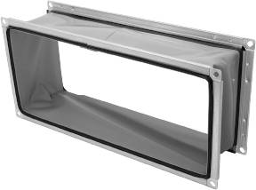 Flexibler grauer Luftkanalverbinder mit rechteckigen Metallmontageerahmen, perspektivisch auf schwarzem Hintergrund dargestellt.