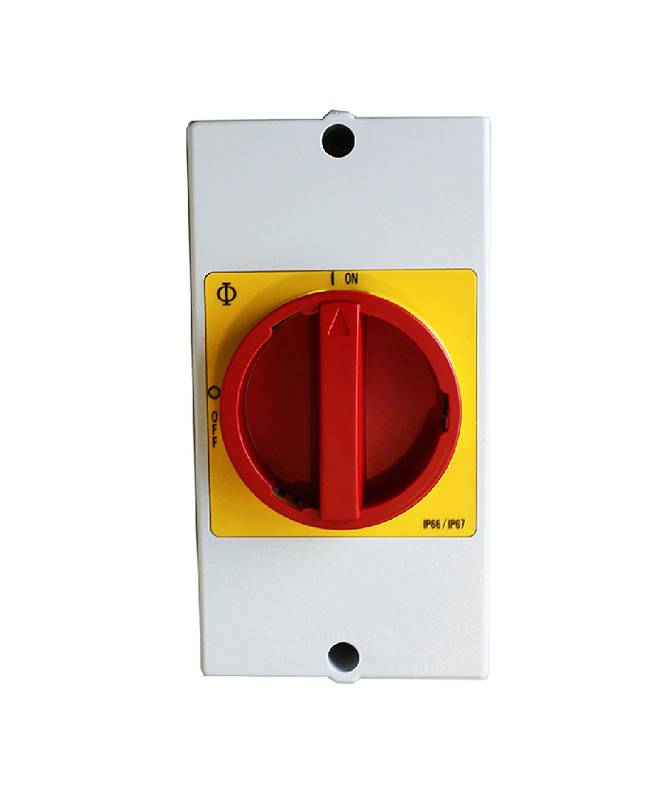 Roter drehbarer elektrischer Trennschalter auf einem grauen rechteckigen Bedienfeld, mit der Beschriftung EIN, zum Ein- und Ausschalten der Stromversorgung.