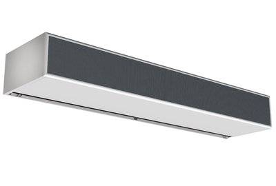 Rechteckige wandmontierte Leuchte mit silbernem Metallrahmen und dunklem Frontpanel, dargestellt auf weißem Hintergrund.